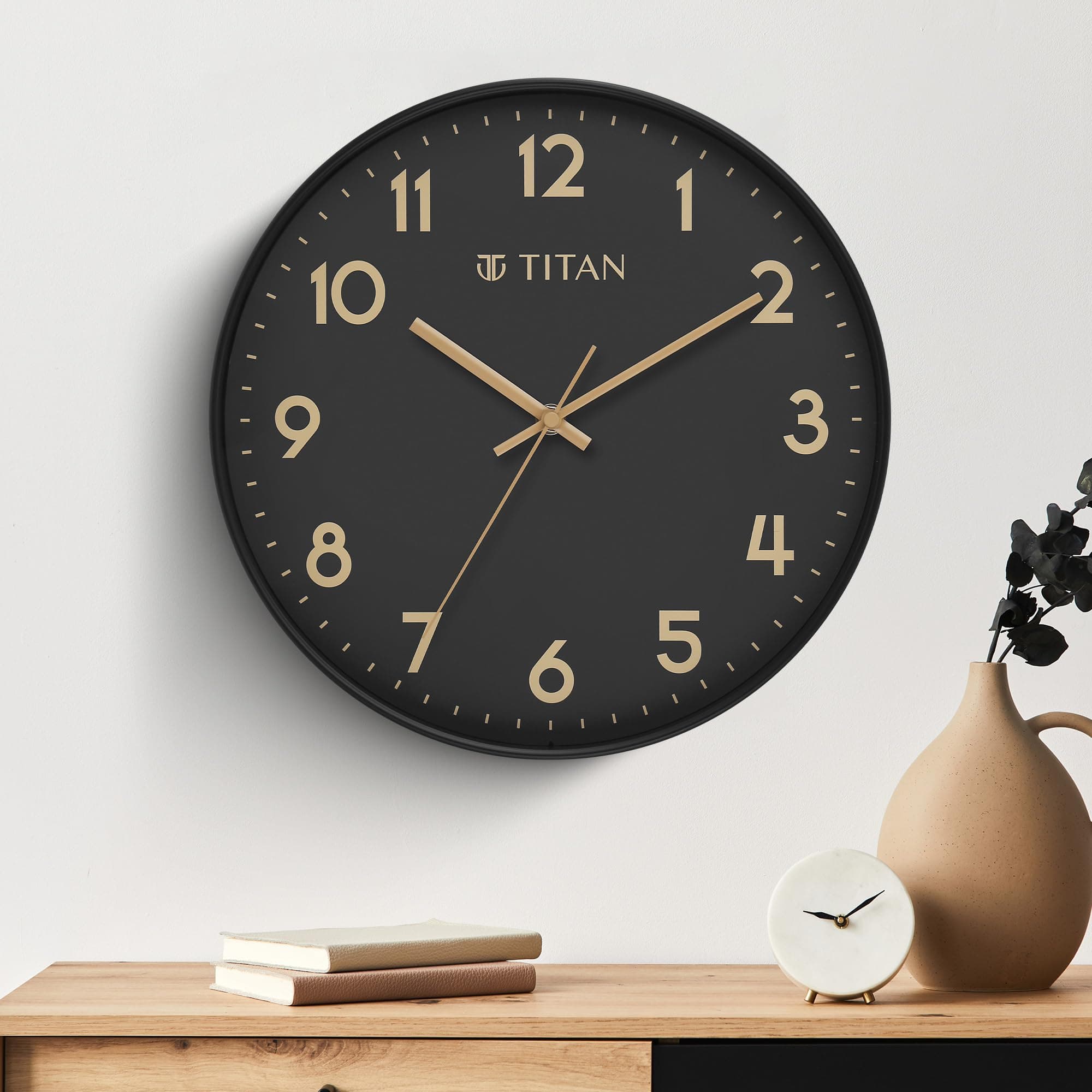 Titan Essence Classic Wall Clock - 30 cm, Black Plastic Case & Dial, Silent Sweep Movement, Non-Ticking, Elegant Home Decor, Perfect for Living Room, Office, Bedroom - W0094PA02