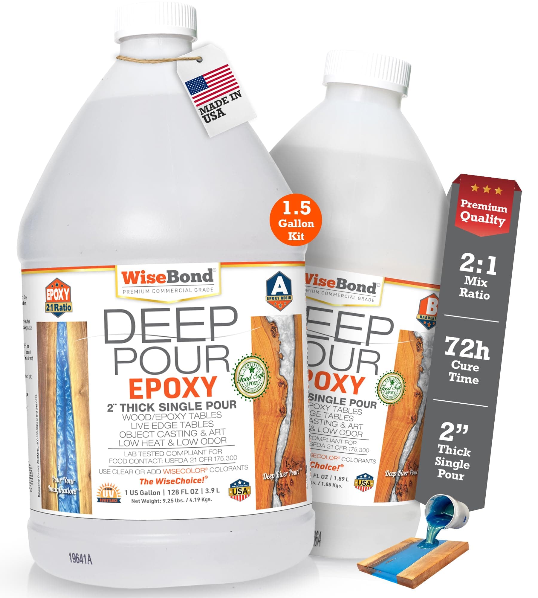 WiseBond Deep Pour Epoxy Resin 1.5 Gallon Kit, Made in USA, Slow Cure 2:1 Mix, Food Safe for River Table, Object Cast, Bubble Free, Clear High Gloss, Mold, Art, Wood, UV & Temp Resistance