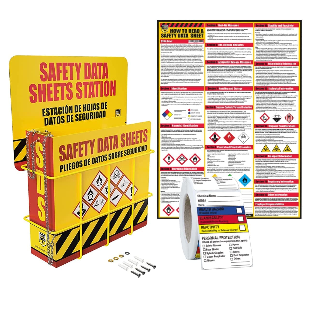 Performore SDS Display Rack -Set with 3 Inch Heavy Duty Ring Binder, Wire Rack, SDS Station Sign, Chain, Mounting Hardware, SDS Poster & SDS Sticker (250 Roll) Included