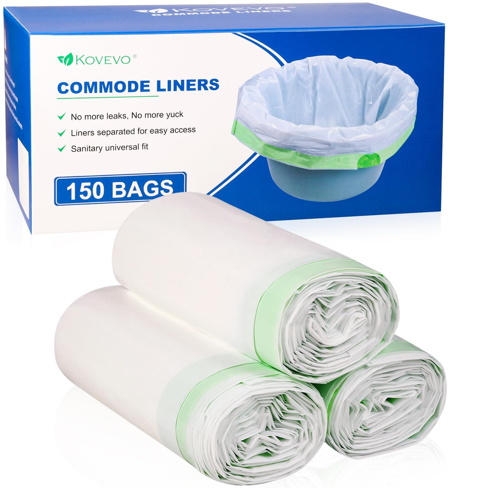 Kovevo Commode Liners - 150 Strong Bedside Commode Liners Portable Toilet Bags Fits All Standard Adult Commode Chairs Toilet Bucket Potty Bedpan - Leakproof, Make Cleanup Simple (AYCL150)