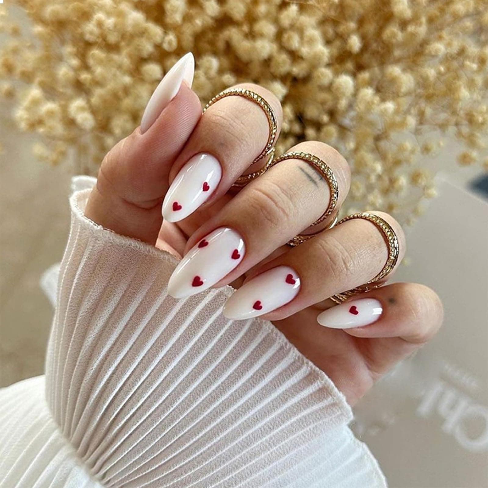 GlamRays Pack of 24 White Press On Nails French Tip Almond Press-On Nails Adorable Red Heart Design Reusable Full Cover Adhesive Nail Shiny Adhesive Nail