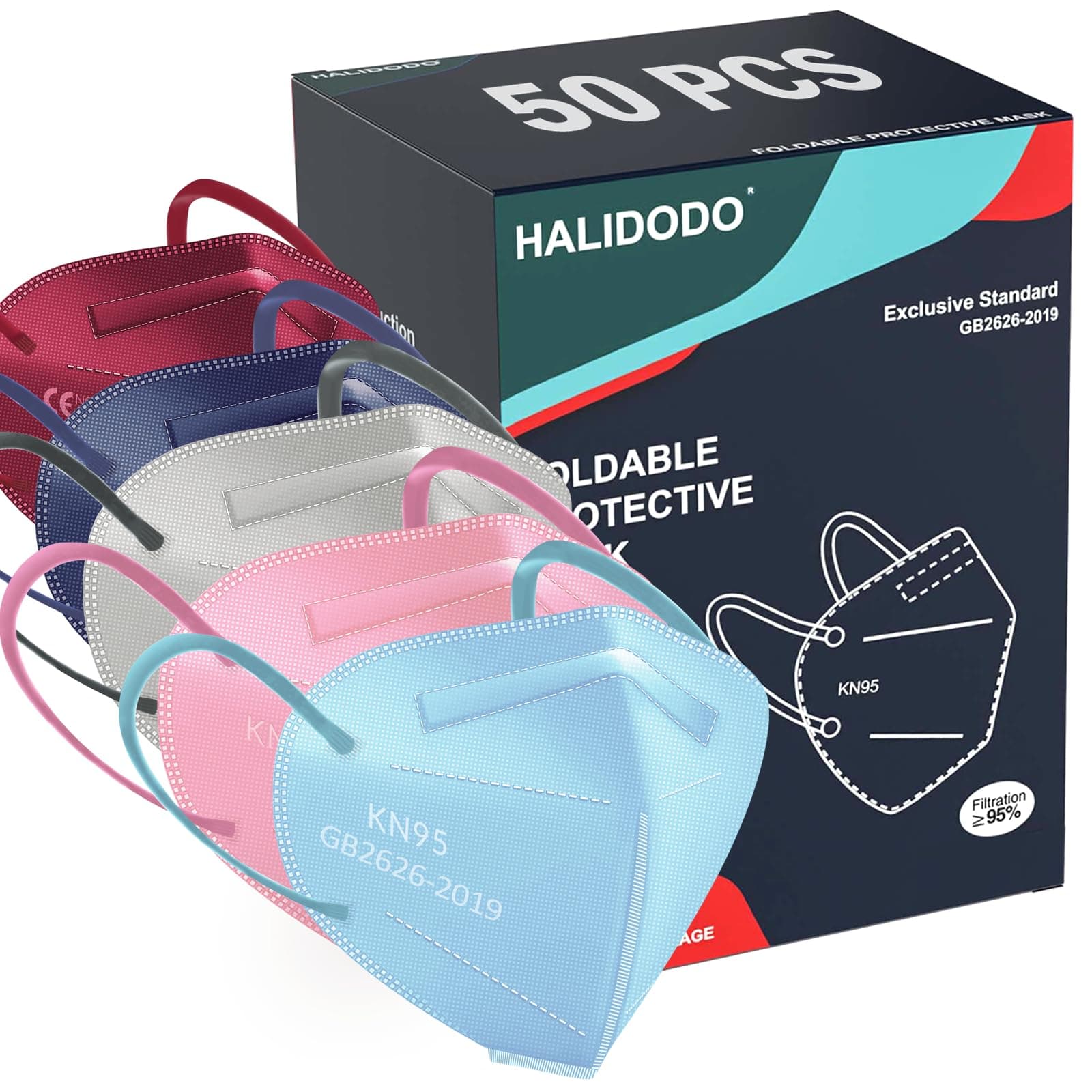 HALIDODO Face Mask 50 Pack Breathable 5-Layer Filter Efficiency≥95%
