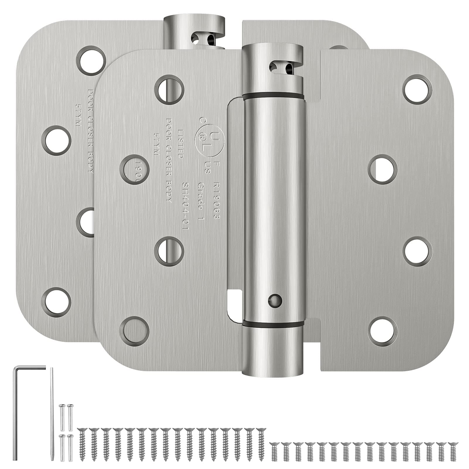 HOSOM Self Closing Spring Loaded Hinges, 4 Inch, Adjustable Tension for Garage, Front, Back Door, UL Listed, Left and Right Hand, 5/8'' Radius Corners, Brushed Nickel, 2 Pack