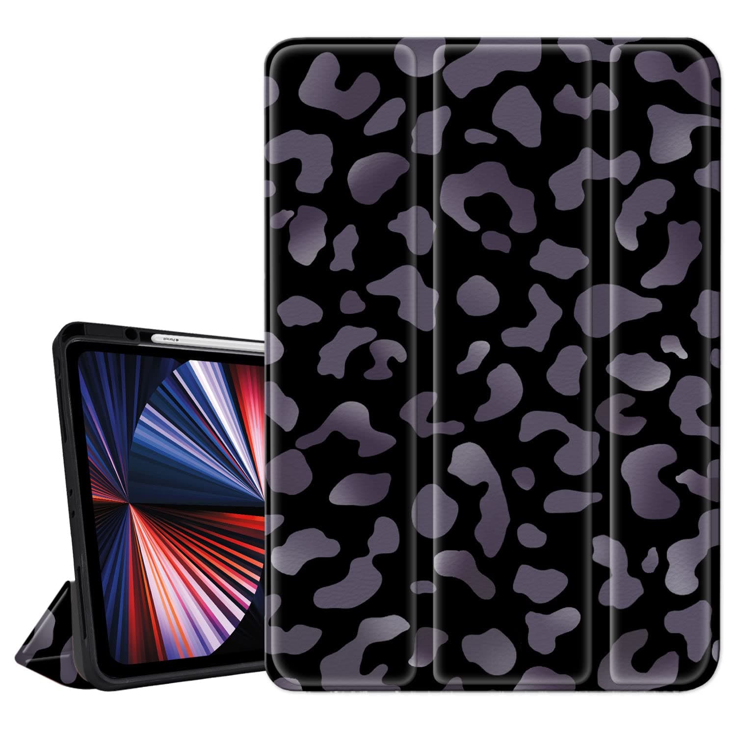 Hi Space for iPad Pro 12.9 6th Generation 2022 Case Black Cheetah Purple Leopard Design for iPad Pro 12.9 inch 5th 2021&4th 2020&3rd 2018 Gen with Pencil Holder Cover Auto Sleep Wake for A2764