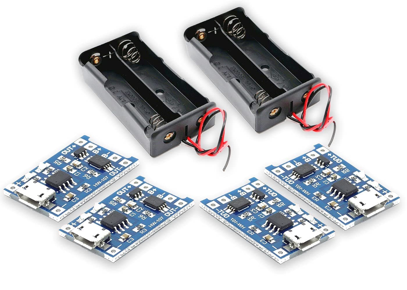 ICSTORE TP4056 BMS ModuleTP4056 BMS Module with 18650 Lithium Battery Holder Case/Mount/Socket for Rechargeable Battery Charging, Combo - Pack of (2 Case + 4 Module)