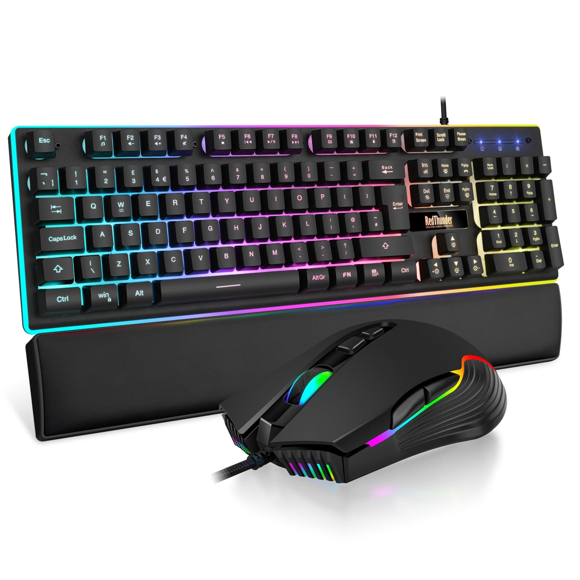 – K10 Wired Gaming Keyboard and Mouse Combo, UK Layout, True RGB Backlight, Soft Leather Wrist Rest, Mechanical Feel Ergonomic Anti-Ghosting Keyboard + 7D 7200 DPI Mouse for PC Mac (Black)