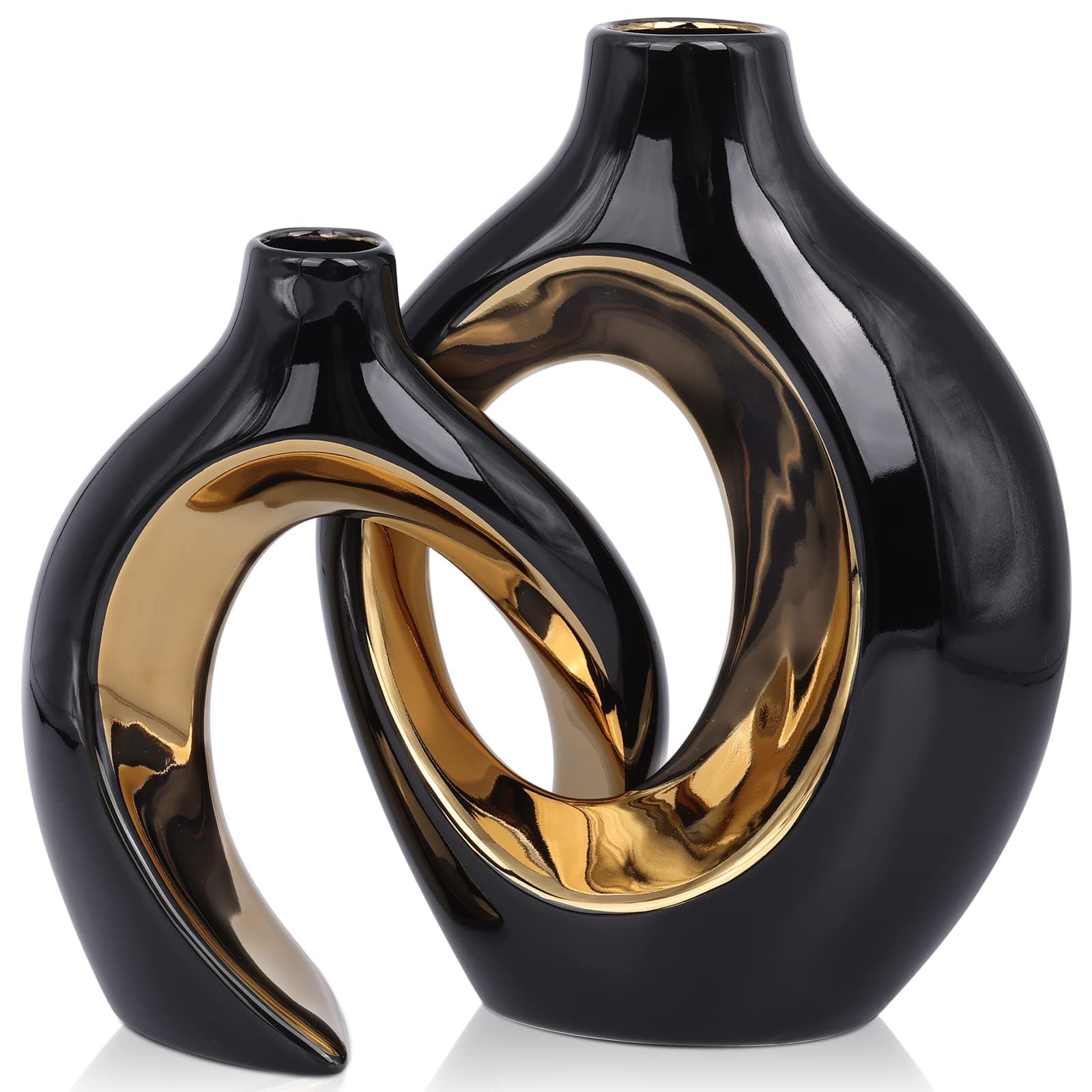 Ceramic Vase Set of 2, Modern Hollow Donut Vases for Flowers, Nordic Minimalist Vases for Home Decor Living Room Decor, couple ceramic vase (Electroplating-black gold)