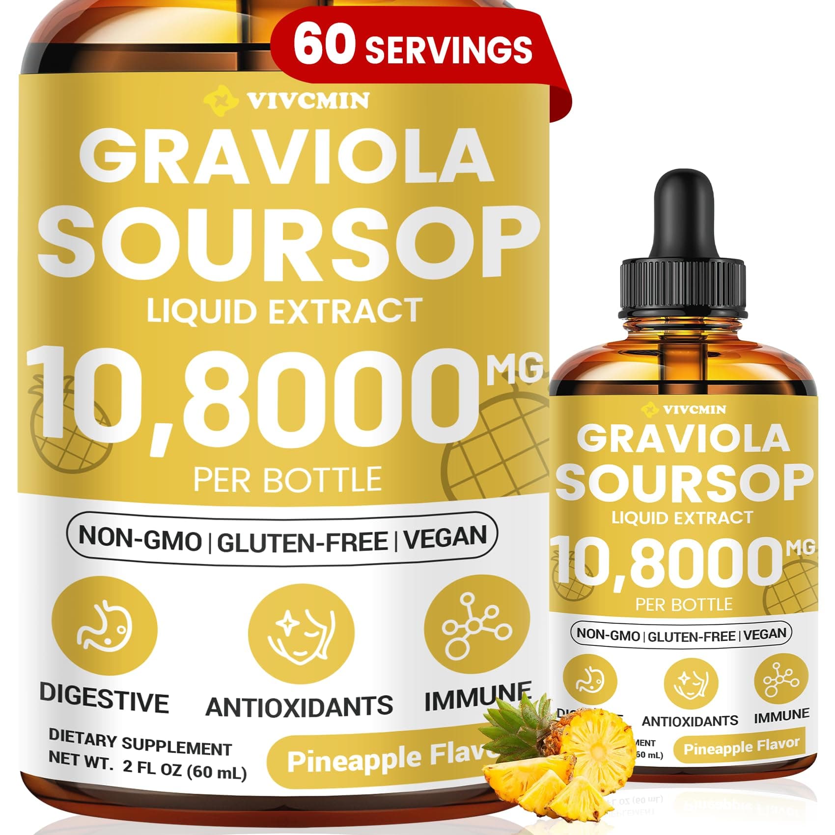 vivcmin Graviola Soursop Leaf Extract Liquid - Soursop Bitters Liquid, Support Immune, Relax, Liver and Sleep, Sugar & Alcohol-Free, Highly Absorbable Formula, Pineapple Flavor, 2 Fl Oz