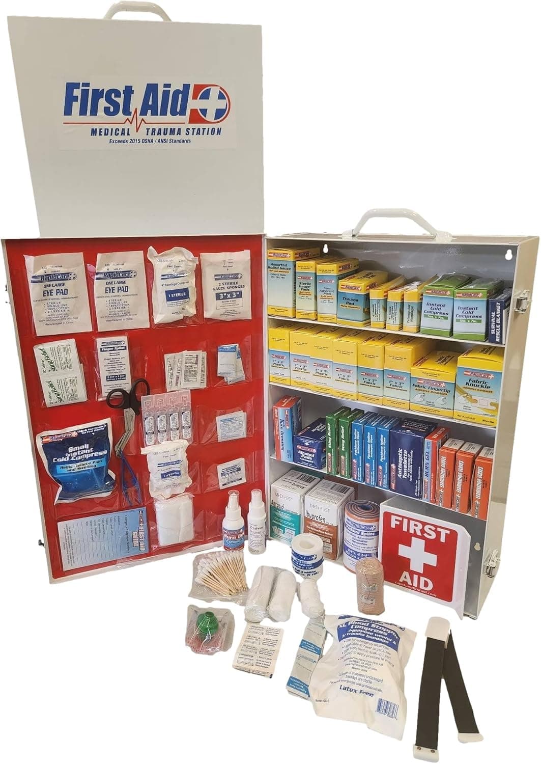 Rapid Care First Aid 80099 4 Shelf All Purpose First Aid Kit Cabinet, Class A+, Exceeds OSHA/ANSI Z308.1 2015, Wall Mountable