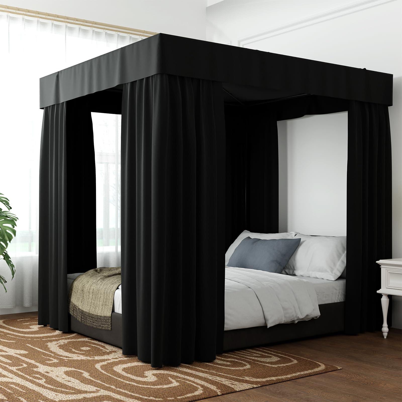 Hvqic Black Canopy Bed Curtains - 4 Corner Post Bed Curtains Twin Bed Curtain Lightproof Drapes Bed Canopy for Adults & Girls Bedroom Decoration(Twin,Black)