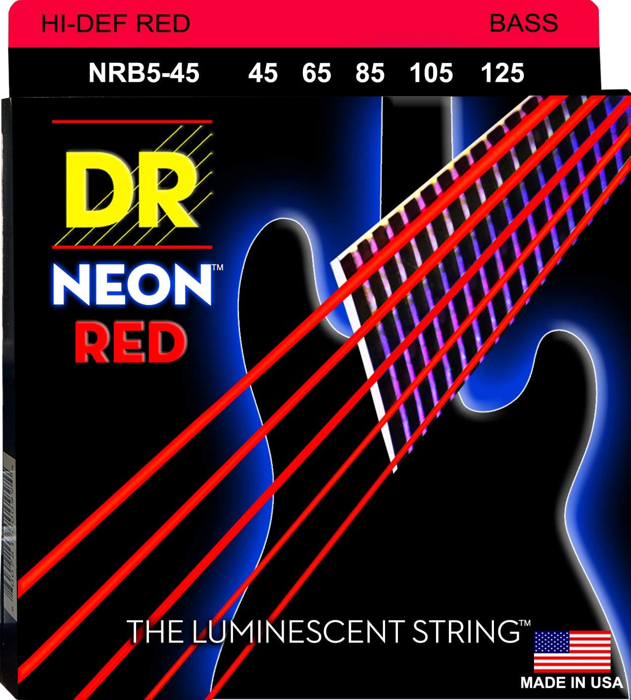 DR Handmade Strings NRB5-45 K3 Neon Hi-Def 5 Bass Guitar Strings, Medium, Red