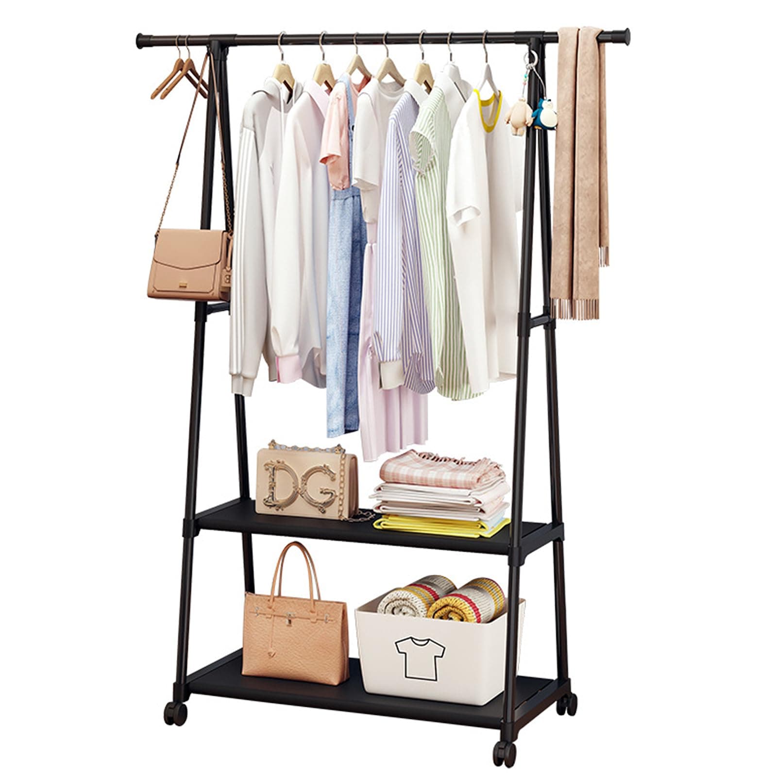 Beauenty Clothes Rack, Clothes Drying Stand, Coat Rack, Sturdy Rolling Clothing Rack with Wheels, Multifunctional Metal Garment Rack with 2-Tier Shelf(Black)