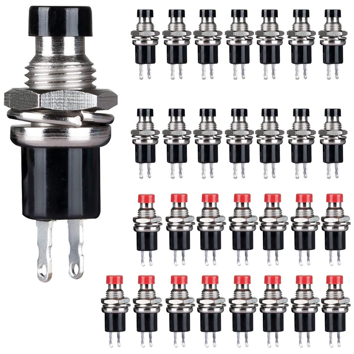 Clyxgs Momentary Push Button Switch,SPST Normal Closed NC Switch 2 Pin Mini Micro 1A 250V AC Black+Red Cap 30 PCS