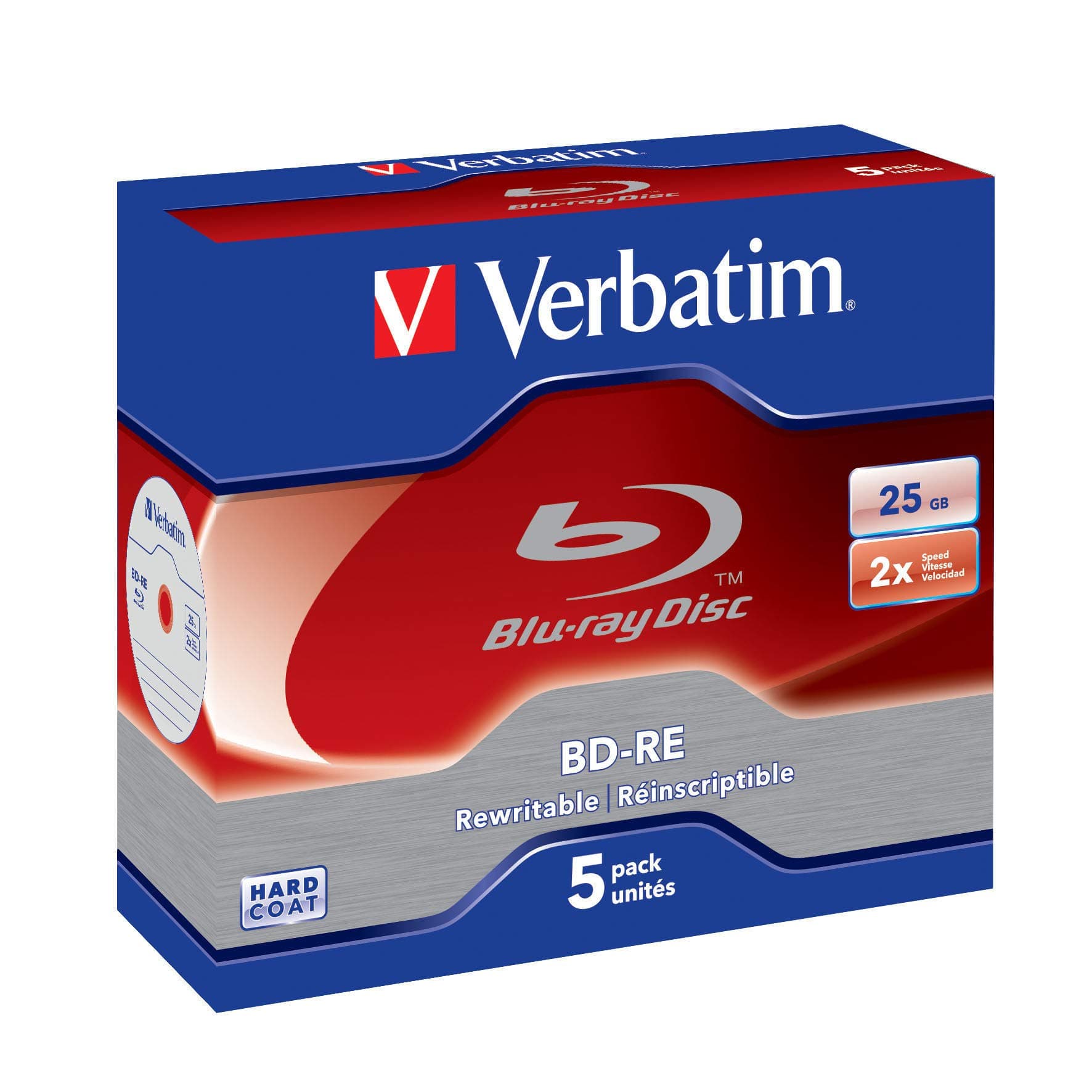 VERBATIM BD-RE Single Layer Blu-ray Rohlinge 25 GB I Blu-ray-Disc mit 2-facher Schreibgeschwindigkeit I mit Kratzschutz I 5er-Pack Jewel Case I Blu-ray-Disks für Video- und Audiodateien
