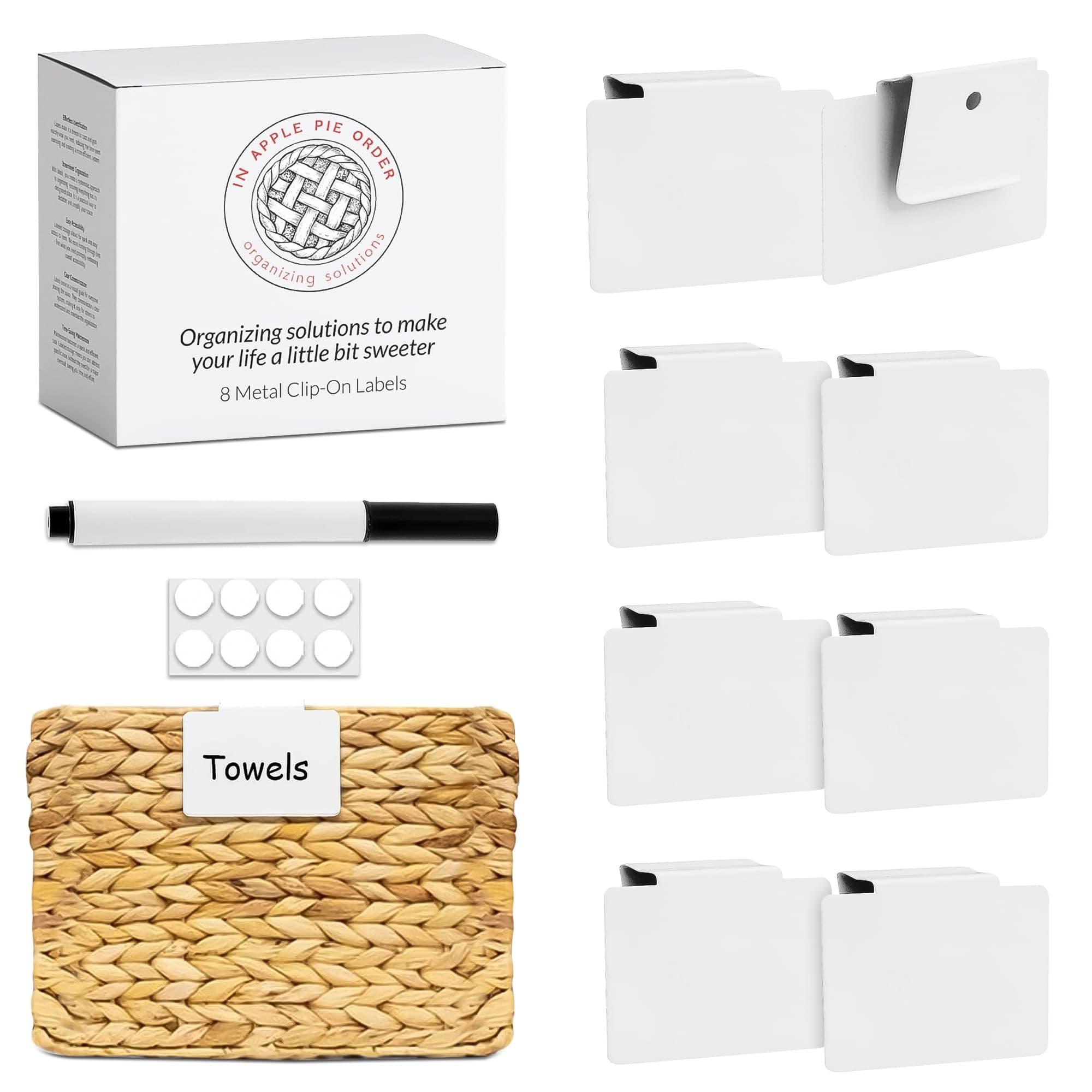 Labels for Storage Bins | Metal Storage Bin Clips (2.5” x 3.5”) - Set of 8 Basket Clip On Tags for Storage Bins w/Non-Slip Grip Pads & Dry Erase Marker - Removable Bin Labels for Storage Baskets