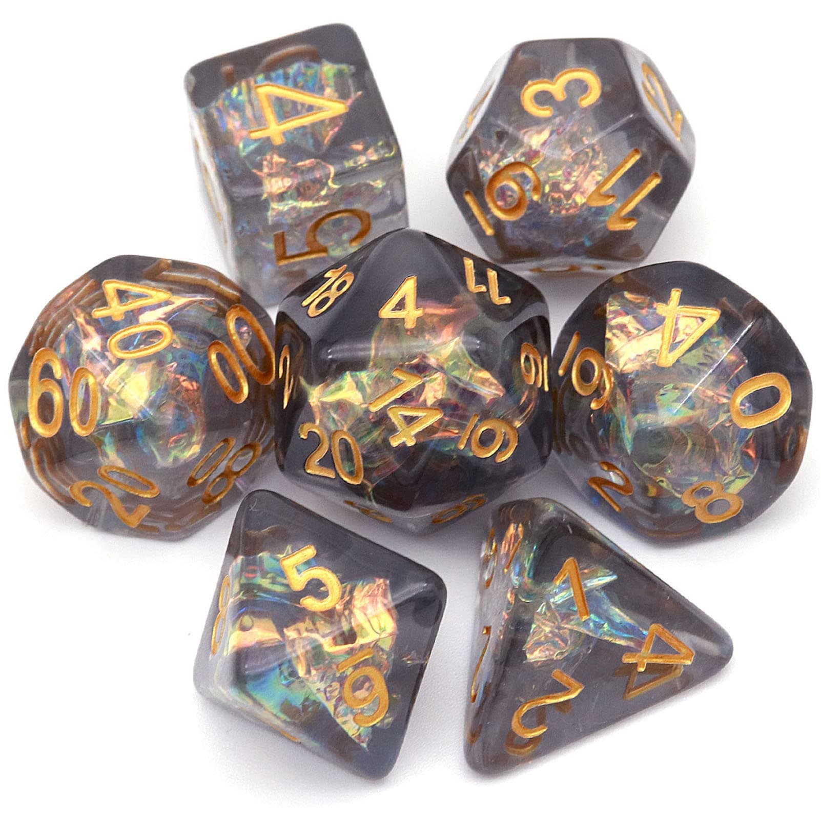 Haxtec Black DND Dice Set 7PCS Filled Resin Polyhedral D&D Dice W/Iridescent Mylar Inclusion Role Playing Dice Compatible with Dungeons and Dragons Gift