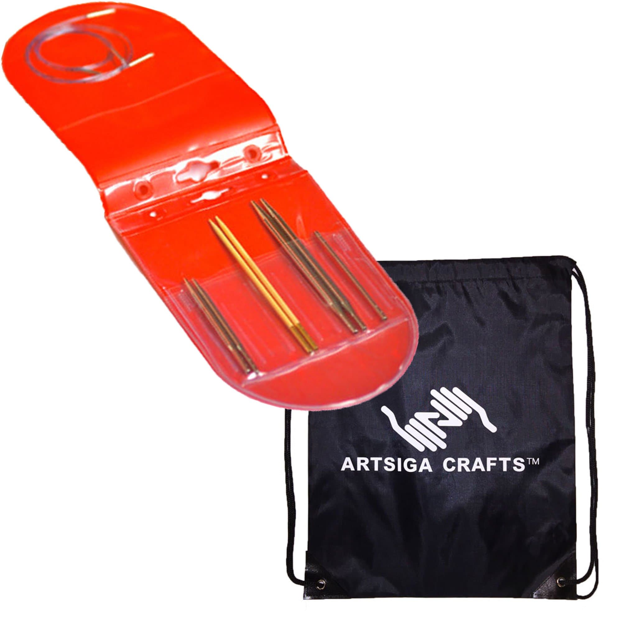 addi Click Starter Interchangeable Circular Knitting Needle Set Sizes Turbo US 8, Rocket Lace US 7 and Bamboo US 9 with 2 Blue Cords and Red Plastic Case Bundle with 1 Artsiga Crafts Project Bag