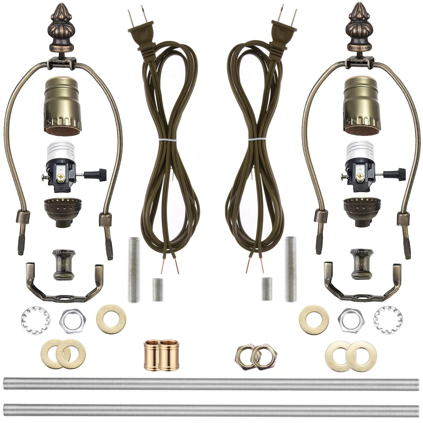 Canomo 2 Sets Lamp Making Kit Lamp Wiring Kit with 8 Inch Harp, 2 Pieces 12" Lamp Pipe, and All Parts Needed and Instructions for DIY Lamp Design or Repair, Antique Brass