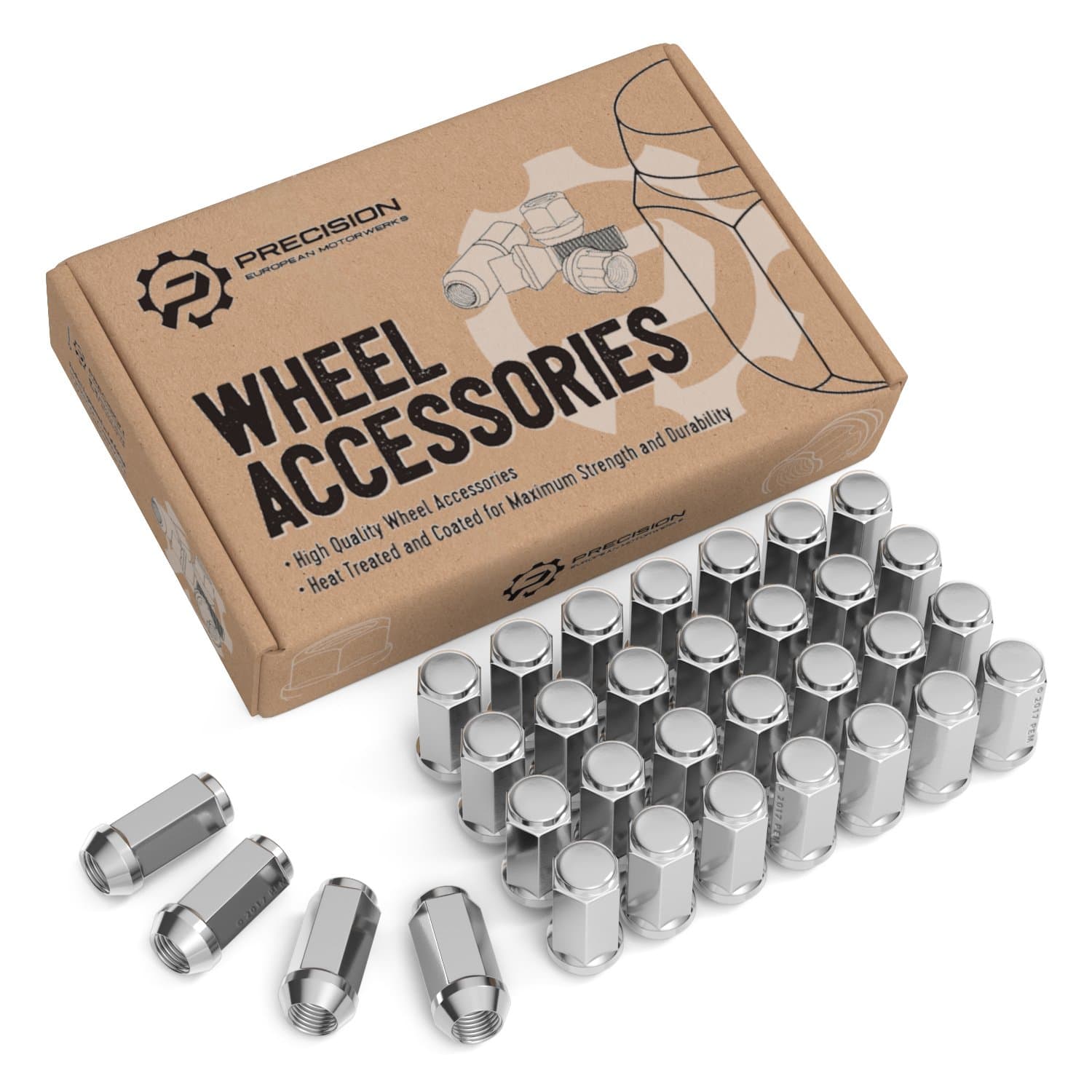 32pcs Silver Chrome Bulge Lug Nuts - 9/16-18 Thread Size - Conical Cone Taper Acorn Seat Closed End Long Extended - 1.8 inch Length - Installs with 19mm or 3/4 inch Hex Socket - for 8Lug Wheels