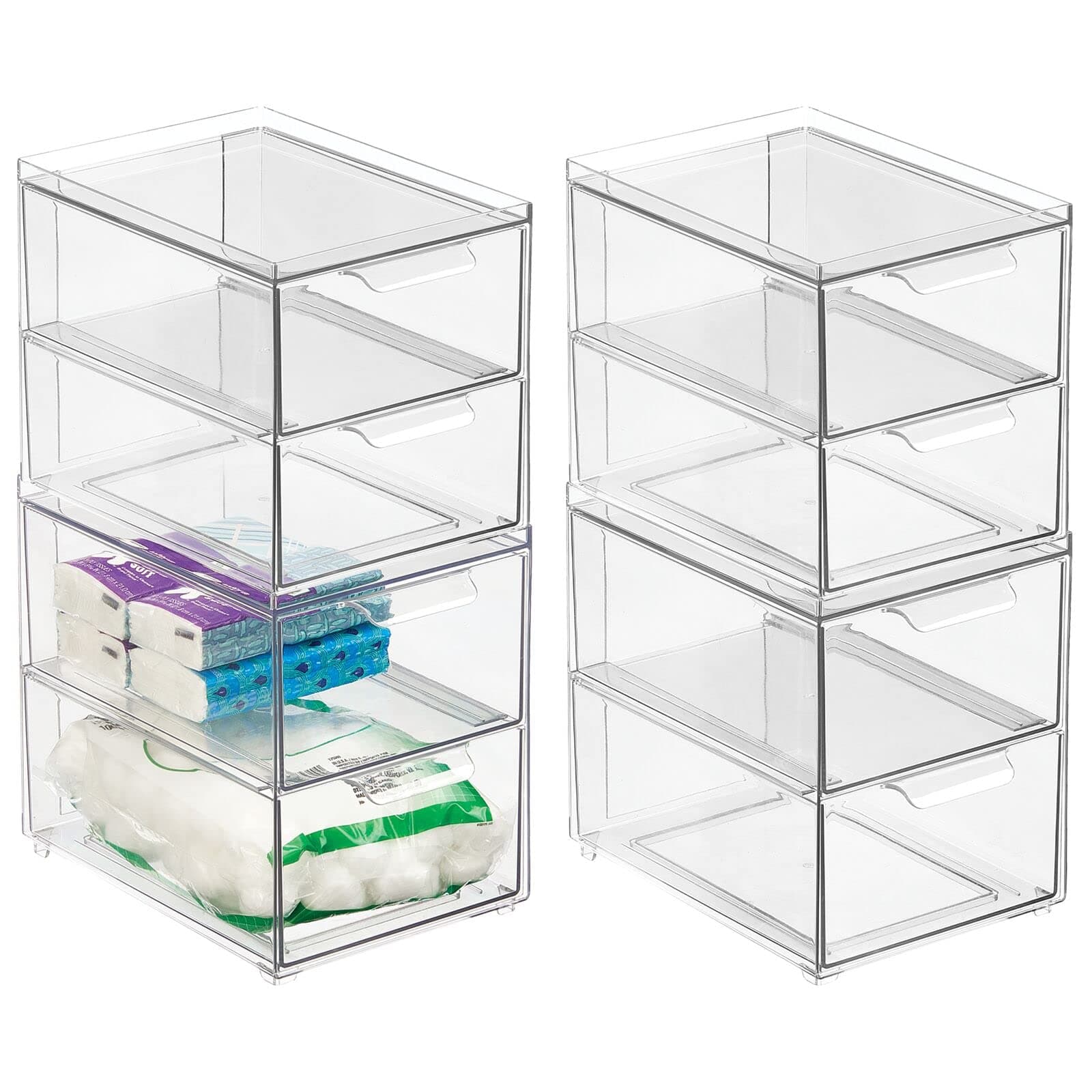 Stackable Storage Containers Box with 2 Pull-Out Drawers - Stacking Plastic Drawer Bins for Master or Guest Bathroom, Linen Closet, Vanity, Makeup Table Lumiere Collection 4 Pack, Clear