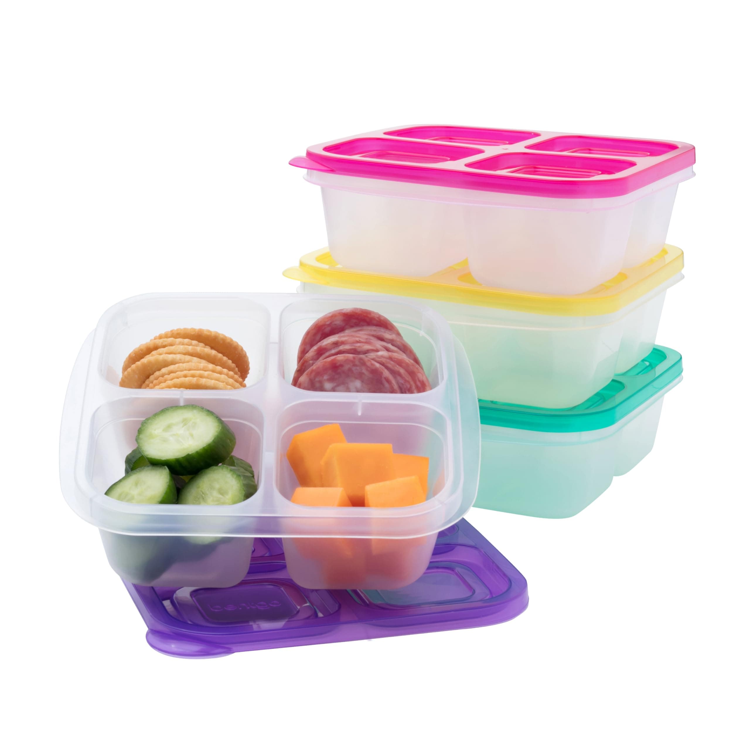 Easyboxes 4-Compartment Snack Containers - 8-Piece Set with 4 Trays & 4 Custom-Fit Lids to Seal in Freshness - Reusable Food Storage & Meal Prep Bento BPA-Free Containers (Brights)