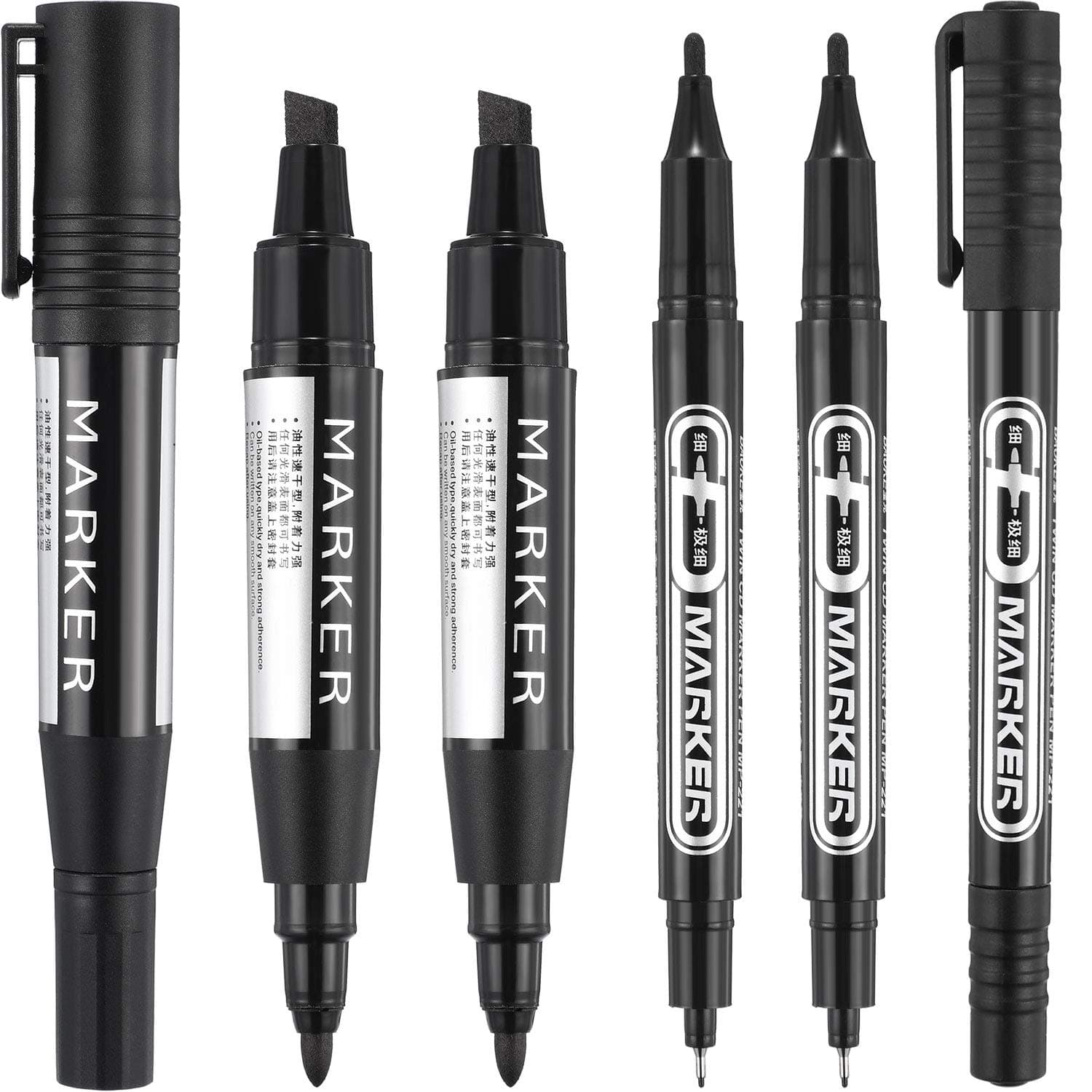 Blulu 6 Pieces Permanent Markers, Different Sizes Double-ended Permanent Marker Pen, Ultra Fine Tip, Fine, and Chisel Tip(Black)