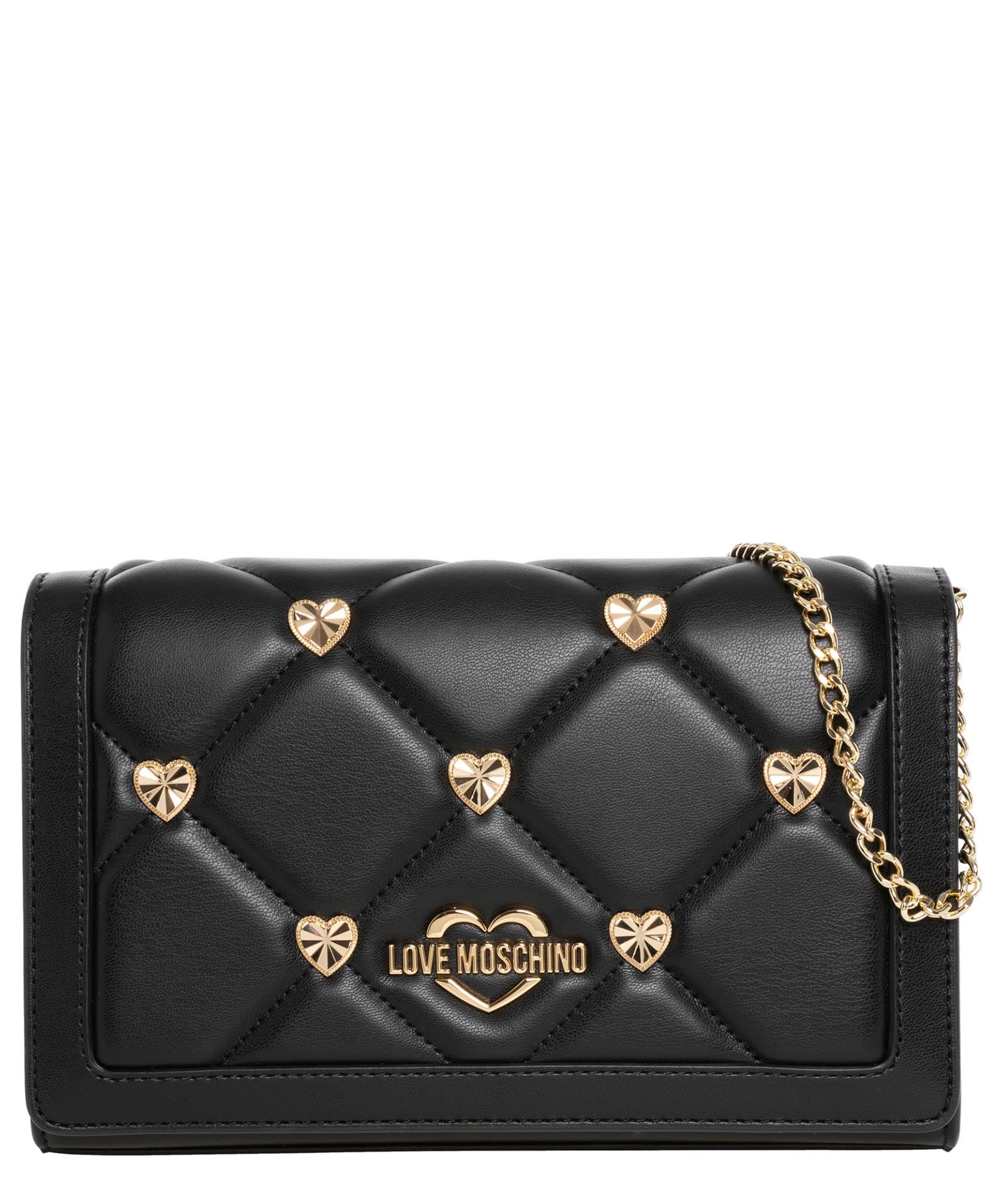 Love Moschino Women's Black Rectangular Chain Strap Magnetic Closure Heart Studs Handbag