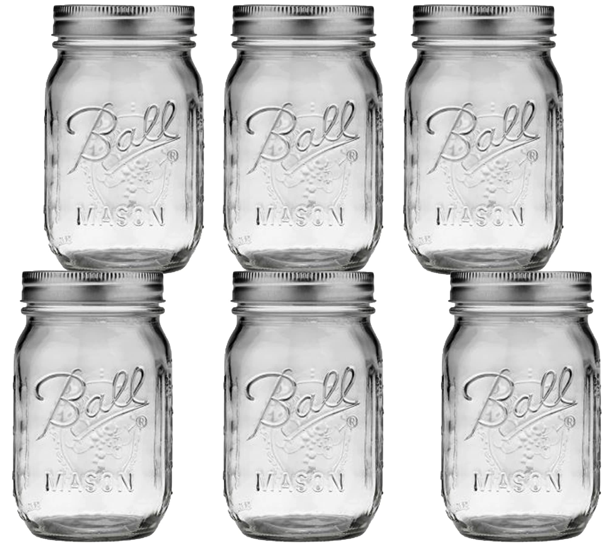 Regular Mouth Mason Jars 16 oz - (6 Pack) - Ball Regular Mouth Pint 16-Ounces Mason Jars With Airtight lids and Bands - For Canning, Fermenting, Pickling, Freezing, Storage + M.E.M Rubber Jar Opener