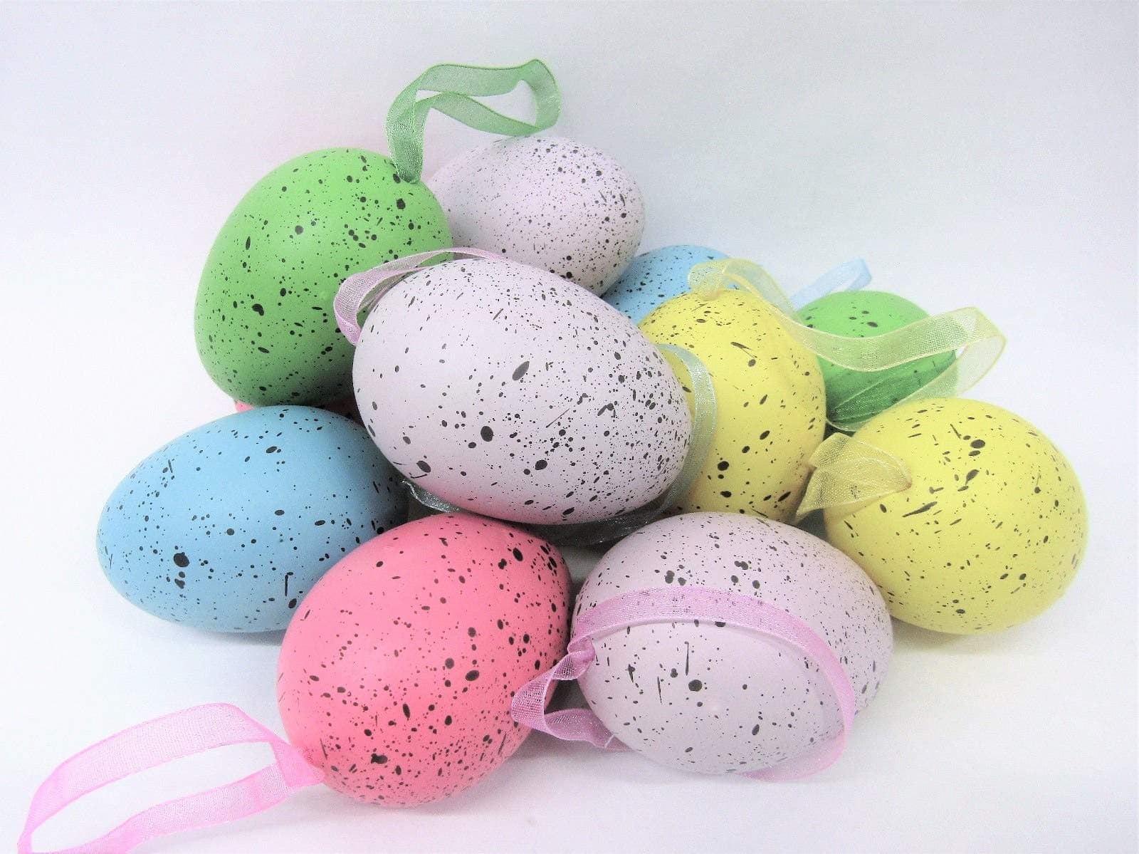 New Set Lot 12 Spring Colored 3" Speckled Easter Eggs Ornaments w/Ribbon Hanger