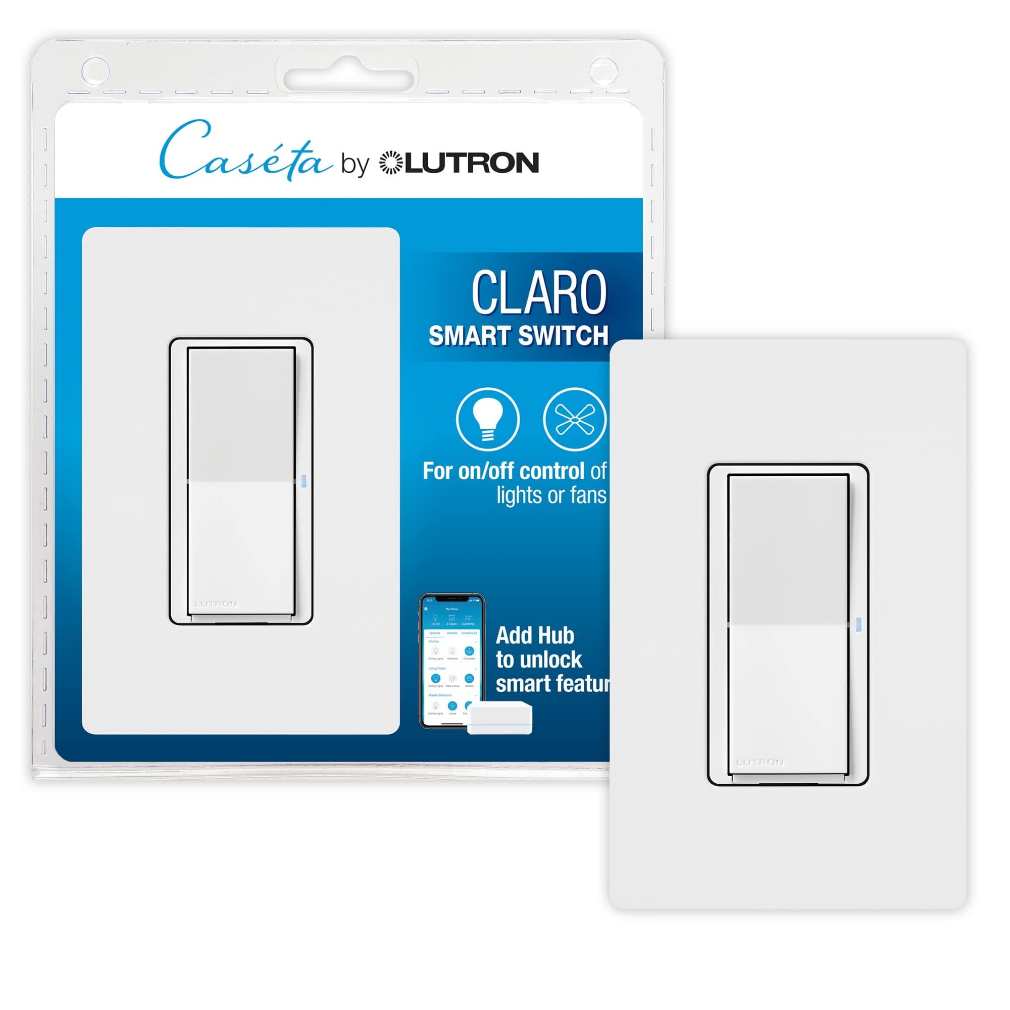 Claro Smart Light Switch w/ Wall Plate for Caseta Lighting, for LED Lights, Fans, 5 Amp, Single-Pole/3-Way, Neutral Required, DVRFW-5NS-WH-A, White