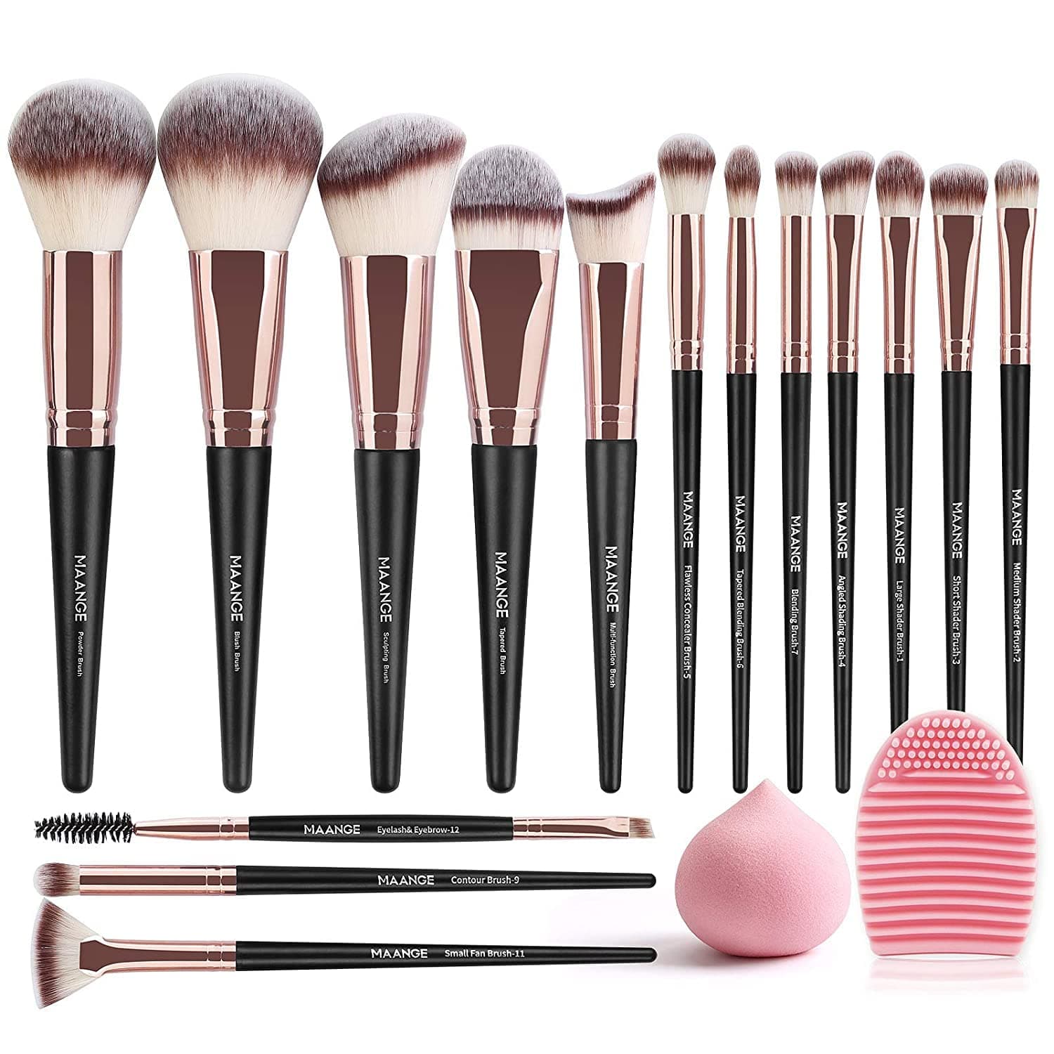 Professional Makeup Brushes 15 Pcs Synthetic Makeup Brushes Set with 1 Makeup Sponge & 1 Brush Cleaner (Black Gold)