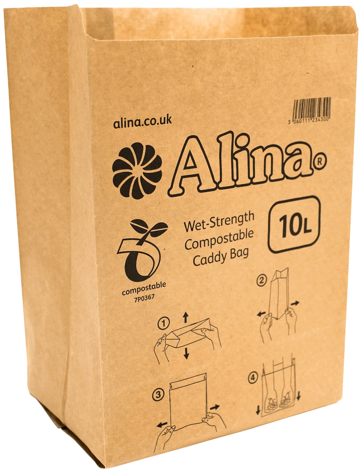 Alina 50 x 10L Compostable Paper Caddy Bin Bag/Food Waste Bin Liner/Biodegradable Brown 10 Litre Paper Sack (50 bags)