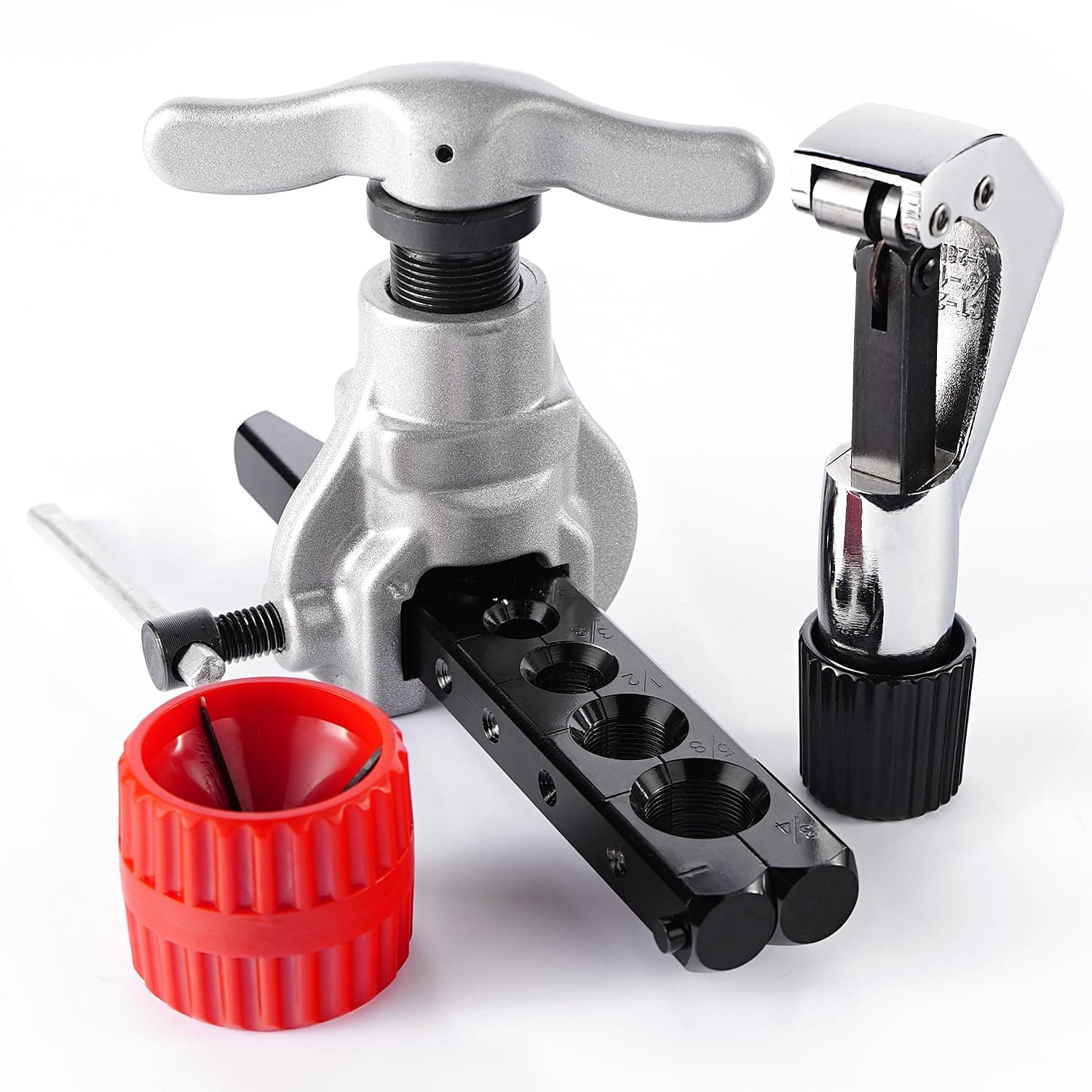 Thorstone 7 Dies Flaring Tool Set| HVAC Flaring Tool Kit | Sizes 3/16" -3/4" |45 Degree Heavy Duty Eccentric Cone Type Set | Extra Adapters a Cutter for 1/8" to 1-1/8" Pipe, a Round Reamer