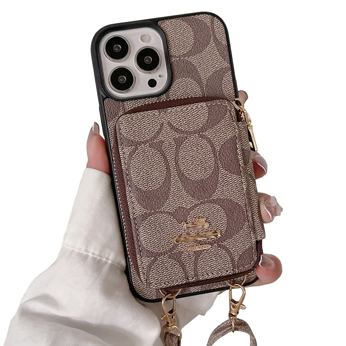 LBJ MAKY Luxury Wallet Case Compatible with iPhone 13 Pro Max Card Holder Case with Crossbody Strap for Women Metal nameplate Protective Case Compatible with iPhone 13 Pro Max 6.7''(Khaki)