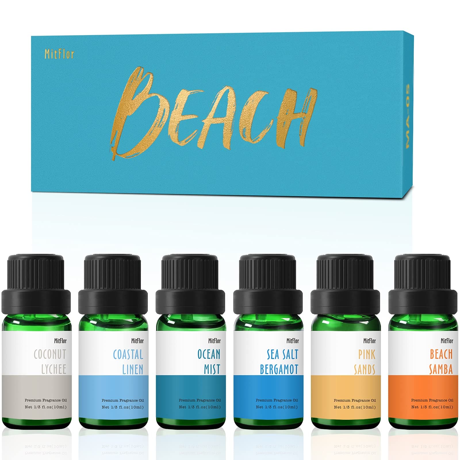 Beach Fragrance Oils Set, MitFlor Essential Oils for Diffusers for Home, 6x10ml, Fragrance Oil for Soap Candle Making, Premium Summer Diffuser Oils Scents, Pink Sands, Ocean Mist and More
