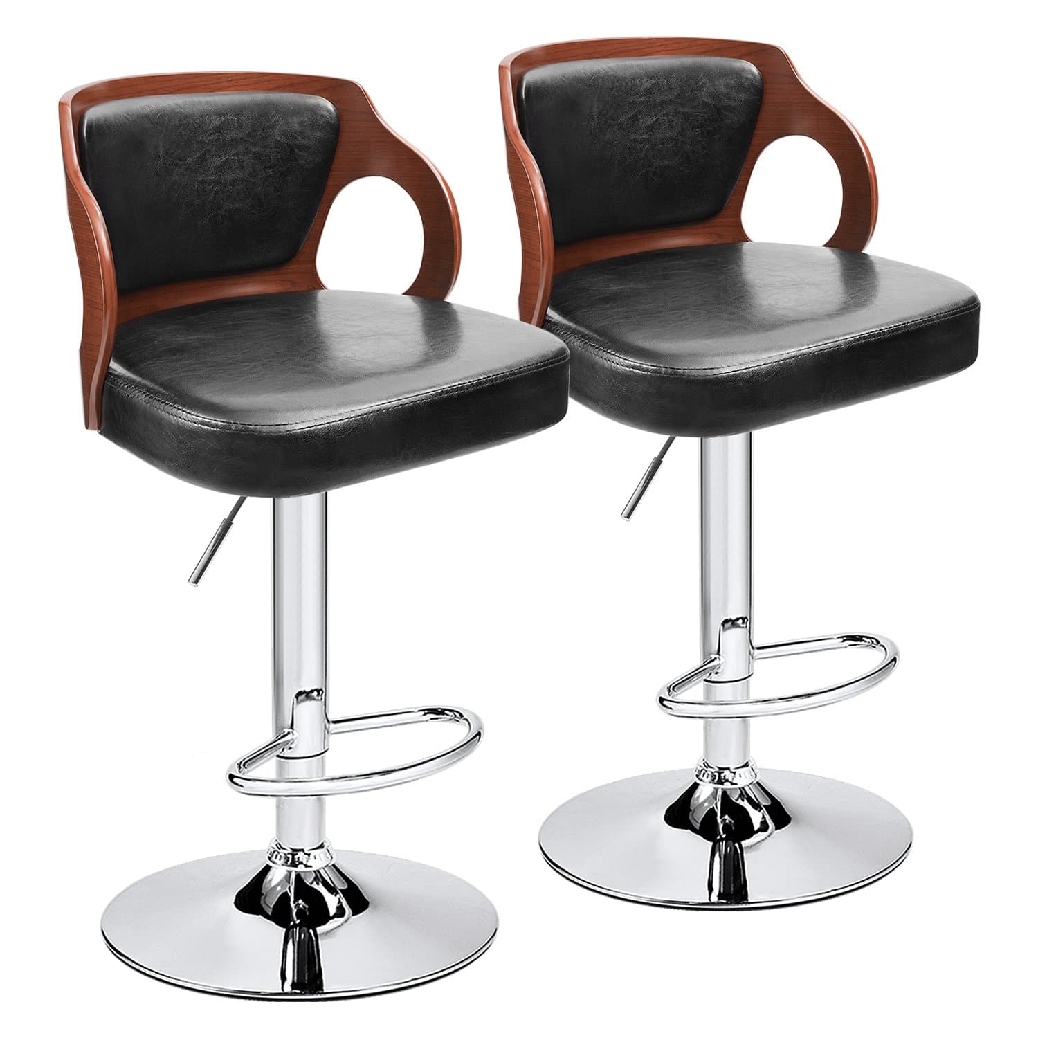 Bar Stools Walnut Bentwood Adjustable Height Leather Modern Barstools with Back Vinyl Seat Extremely Comfy Bar Stools 2 Piece (Black)