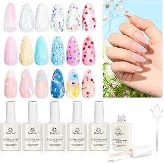 6Pcs Heart Star Reflective Glitter Gel Top Coat Set, Clear Pink Color Pastel Nail Polish No Wipe Top Coat Long Lasting Highly Shine Soak Off Uv Gel Art
