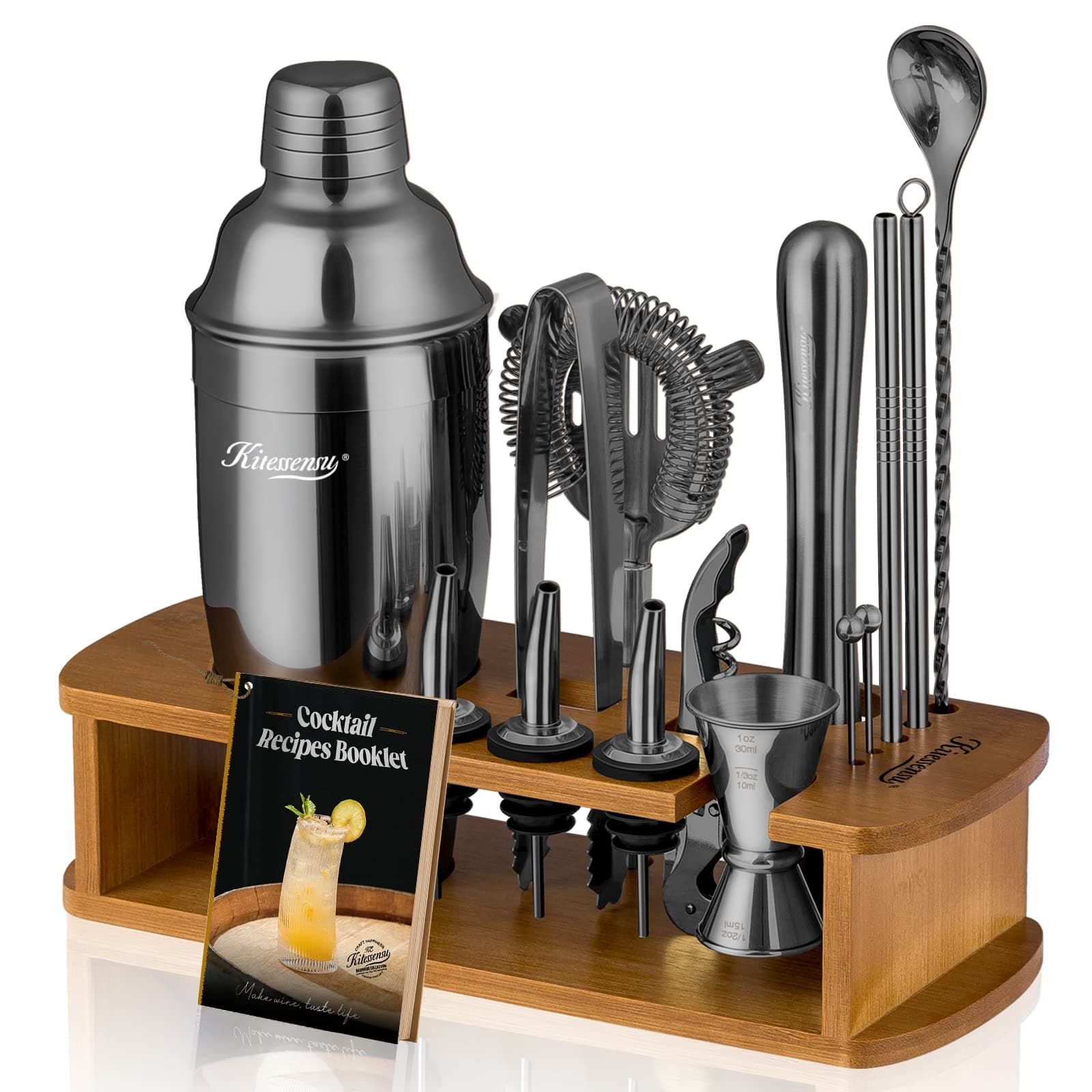 Cocktail Shaker Set Bartender Kit with Stand | Bar Set Drink Mixer Set with All Essential Bar Accessory Tools: Martini Shaker, Jigger, Strainer, Mixer Spoon, Muddler, Liquor Pourers | Black