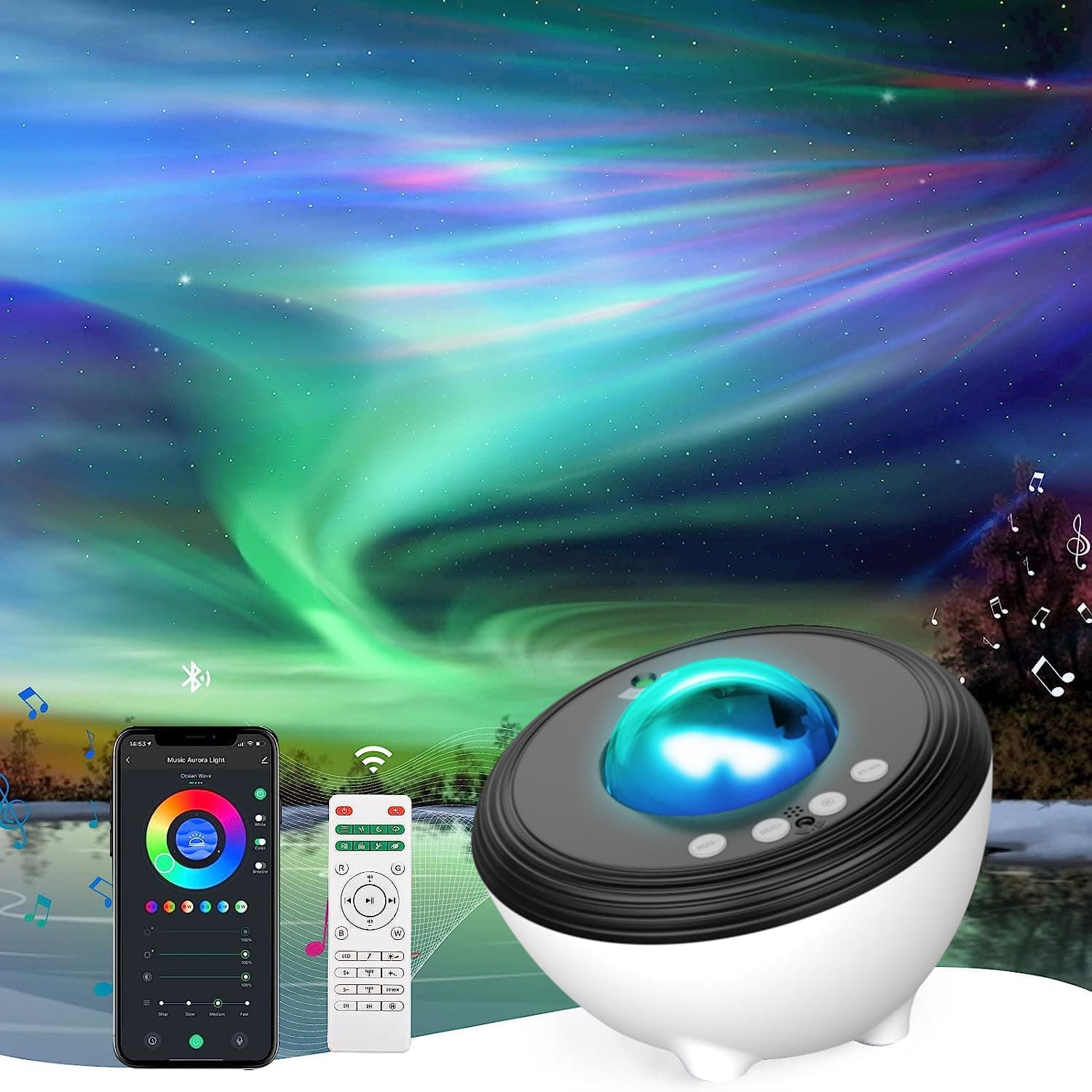 Aurora Star Galaxy Projector Bedroom Night Light with Bluetooth Speaker White Noise App/Remote Control Voice Control for Room Decor Party Kids Adults
