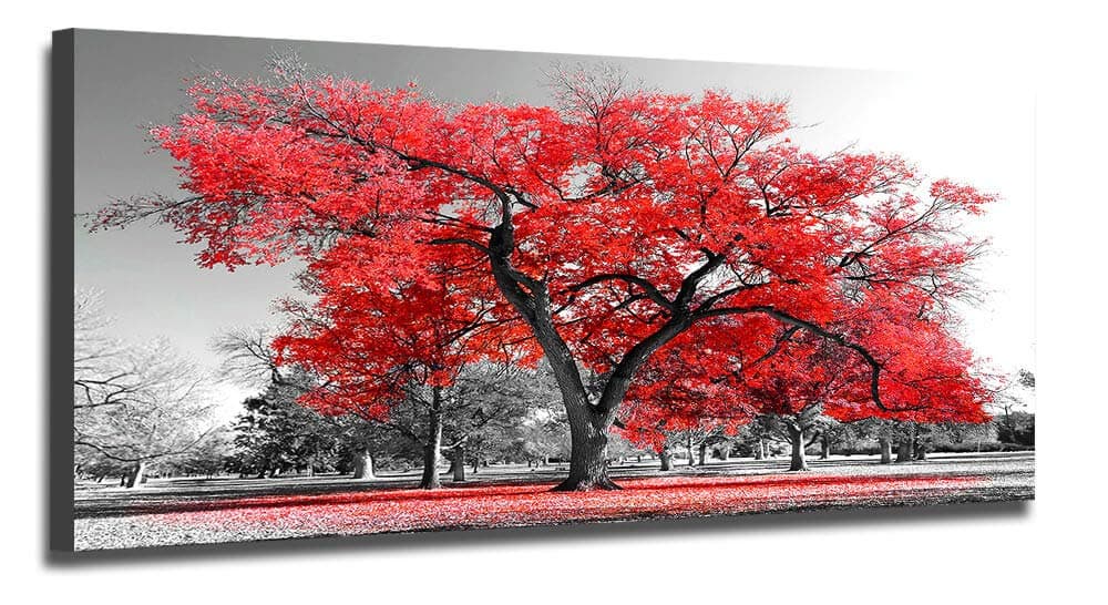 Canvas Wall Art Prints Red Tree in Black and White Background One Panel Large Size, Modern Picture Framed Panoramic Landscape Artwork Painting for Living Room Bedroom Kitchen Home Office Mural Decor