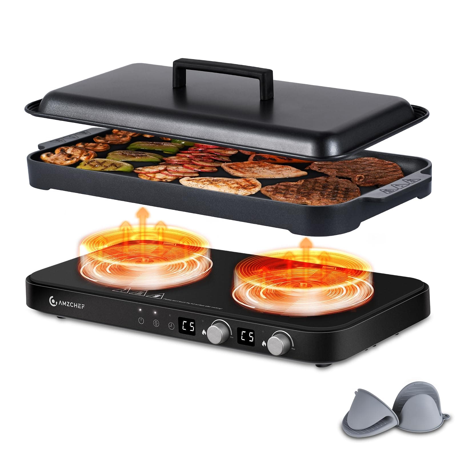 AMZCHEF Double Induction Cooktop with Removable Griddle Pan Non-stick, 1800W 2 burner Portable Induction Stove With Sensor Touch 9 Power Levels, 99 Min Timer, Black