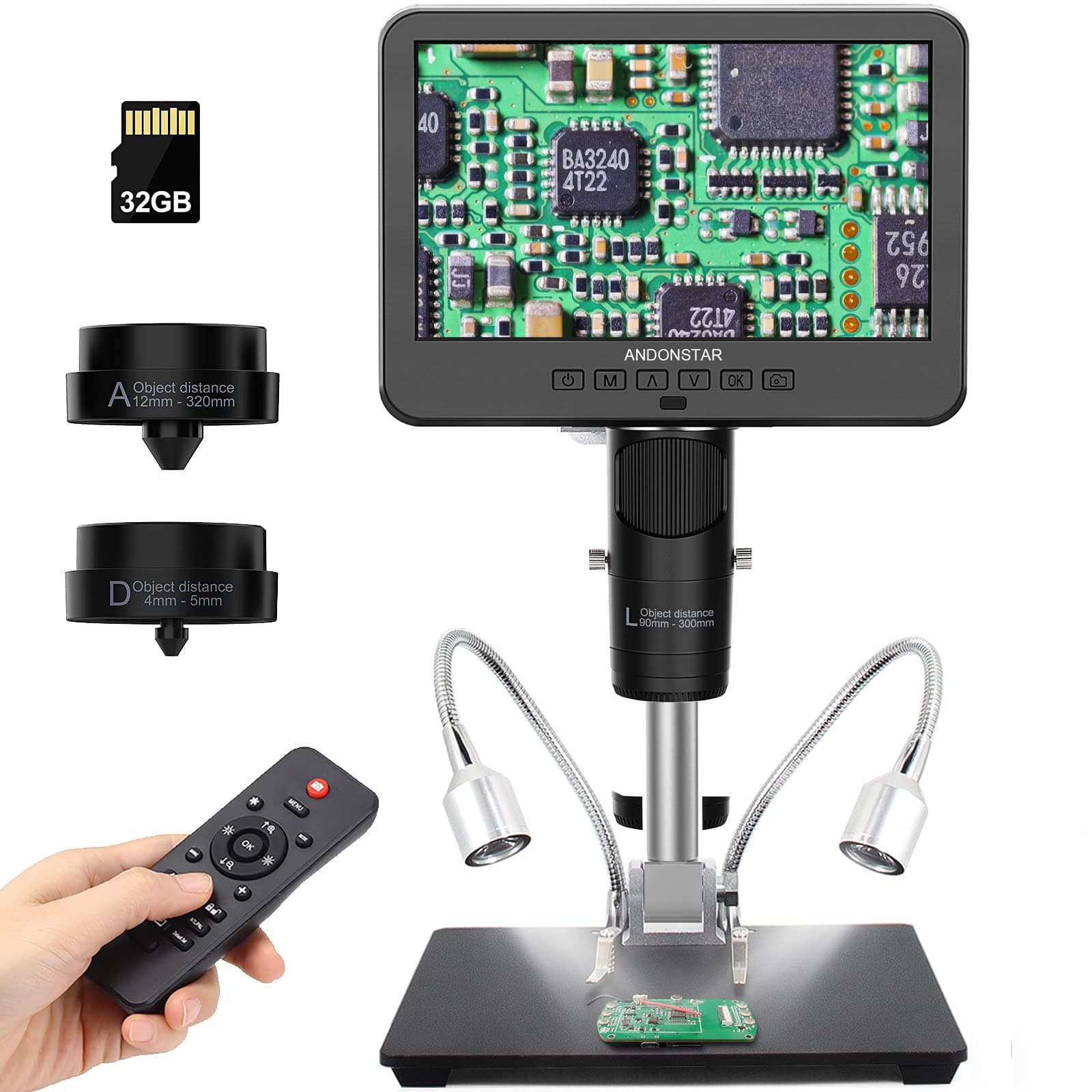 AD246S HDMI Digital Microscope with 7'' Screen, Soldering Microscope with Metal Stand, 2000X Three Lens Coin Microscope Kit for Kids and Adults, Photo/Video Recording, Windows Compatible