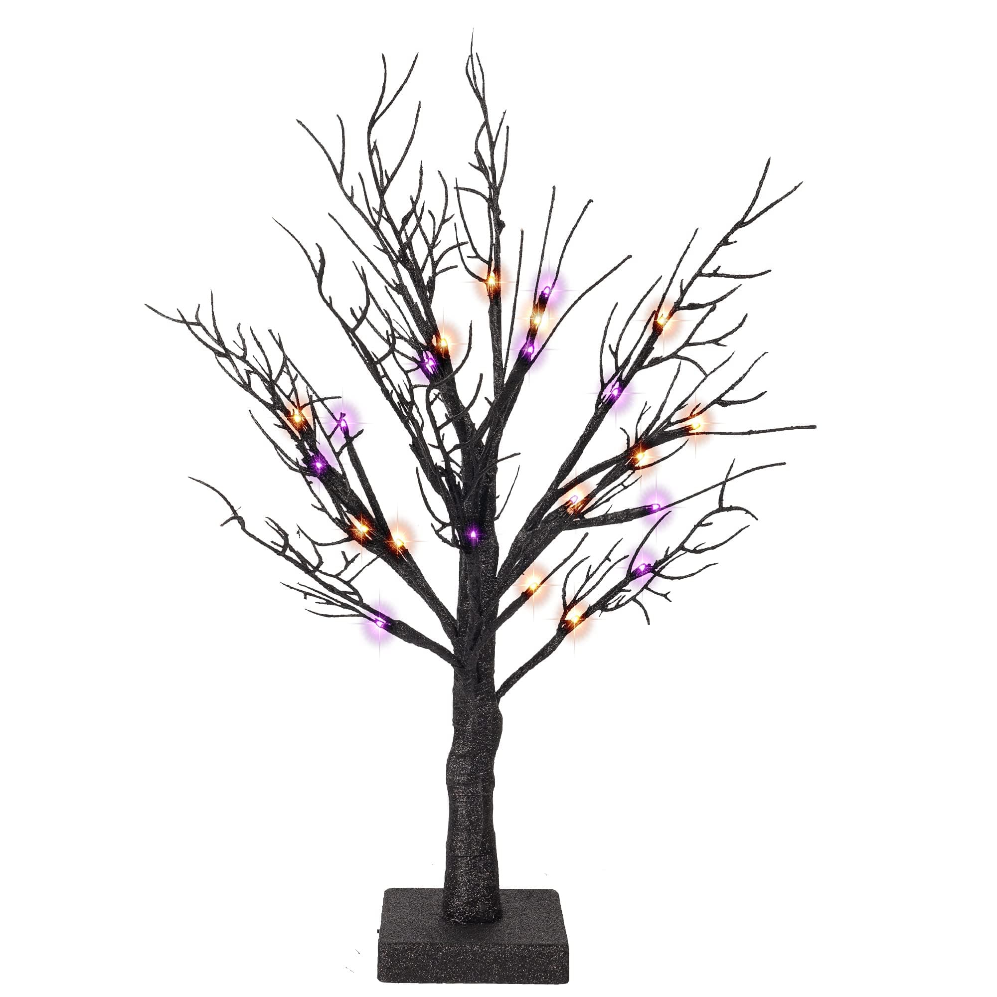 FUNPENY Lighted Black Birch Spooky Tree, 2FT Halloween Battery Operated Tree Lights with Spider Web and Spider, Indoor Table Desktop Holiday Decorations (Purple & Orange)