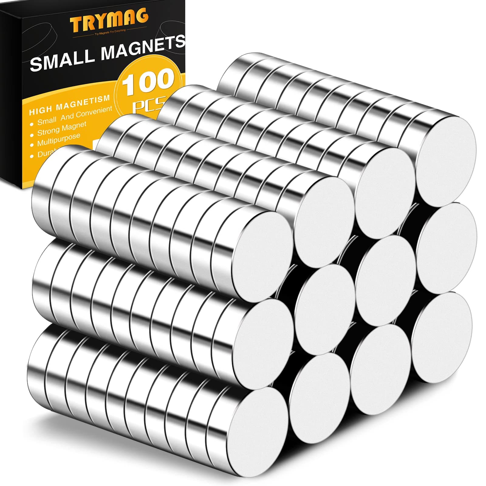 TRYMAG 6x2mm Refrigerator 100Pcs Small Magnets, Tiny Round Disc Premium Brushed Nickel Office Magnets for Crafts, DIY, Whiteboard, Fridge