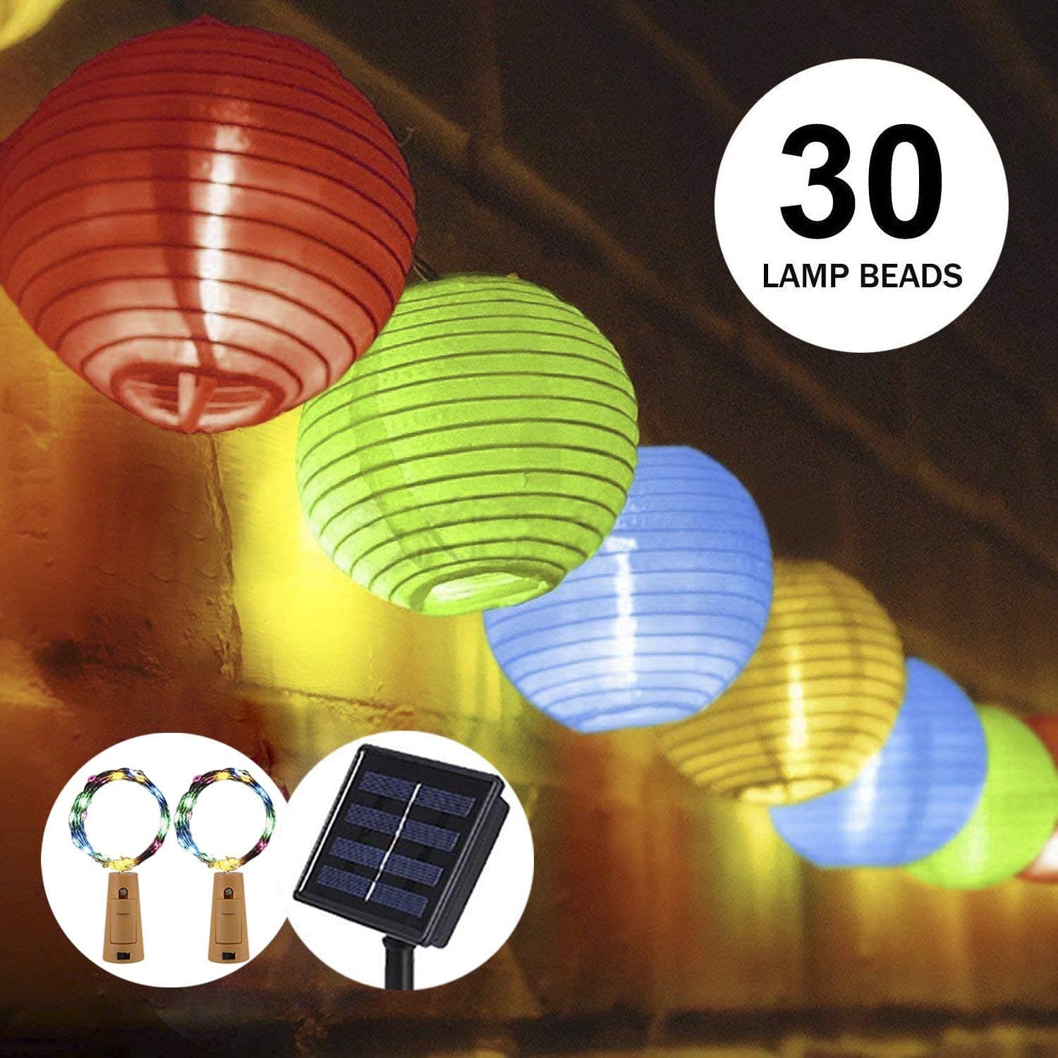 OFUN Solar Fairy Lights, 30 LED Solar String Lights Lantern, 6m IP65 Waterproof Outdoor Solar Lights Lanterns for Home Decoration,Garden Party Wedding Christmas (Lantern-Colour)