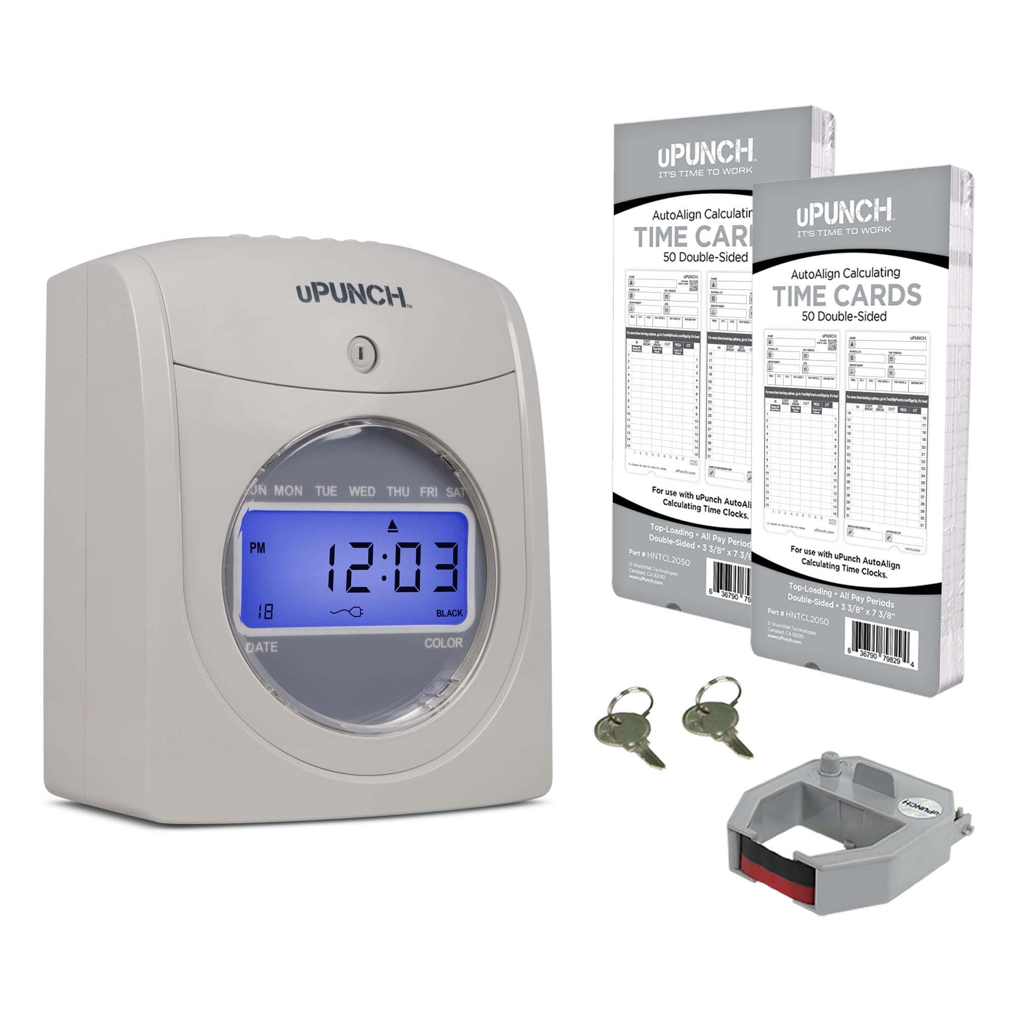 HN2500 Calculating Time Clock Bundle for Small Business: Auto Align Employee Time Tracking System with 100 Time Cards, Ribbon, and Keys