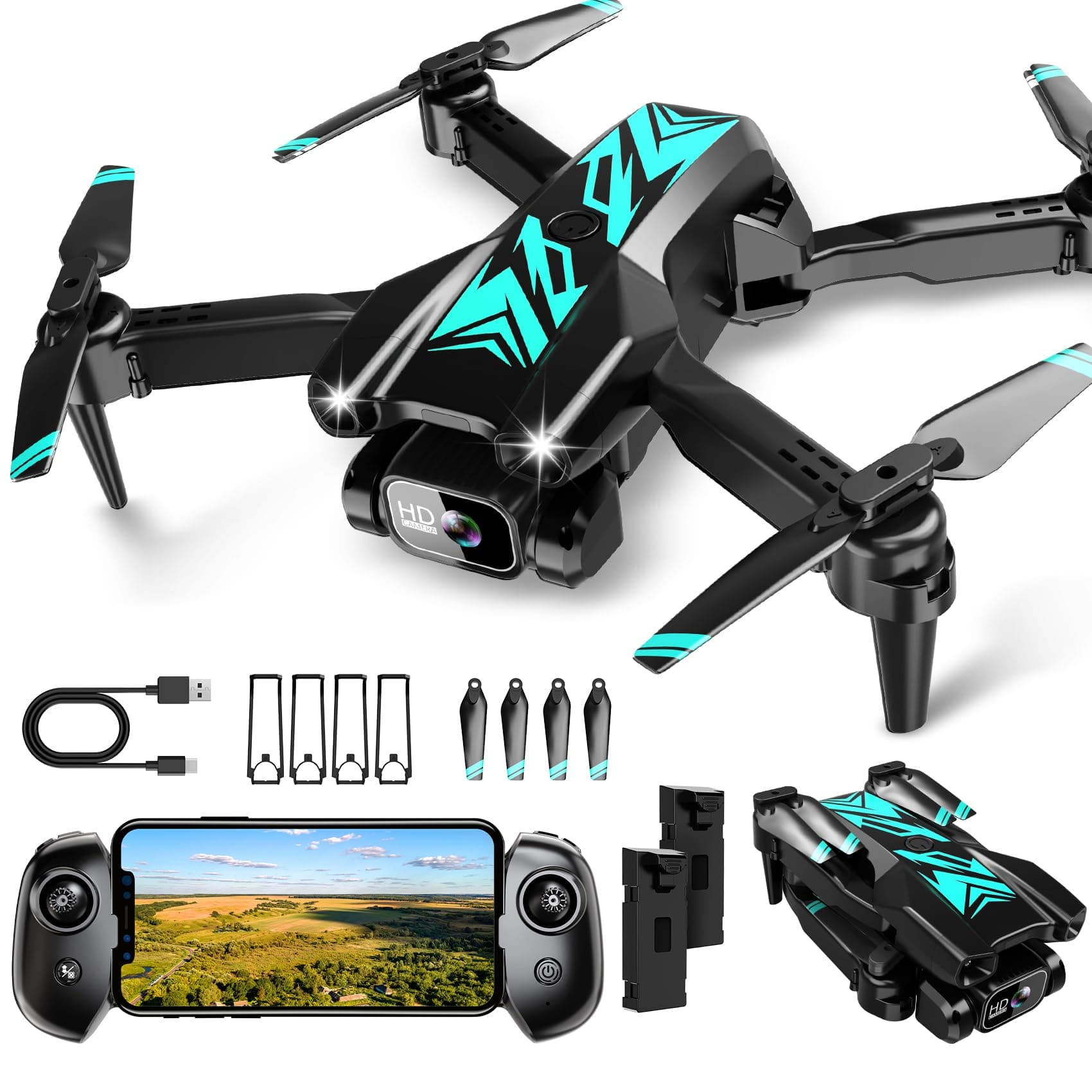 Mini Drone with Camera for Beginners Adults-1080P FPV Camera Foldable Drone with Stable Altitude Hold, Gestures Selfie, Waypoint Fly, Headless Mode, Auto-Follow, 3D Flip, One Key Start, 3 Speeds, 2 Batteries