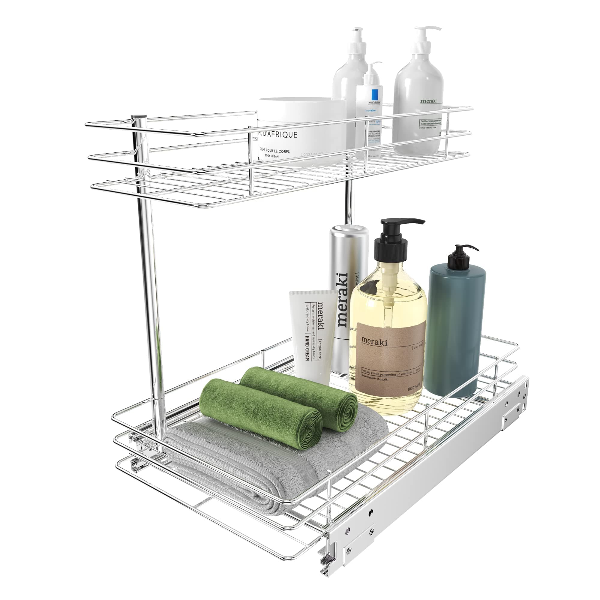 HOSUN Pull Out Under Sink Cabinet Organizer, 2 Tier Slide Wire Shelf Basket- 10.43W x 17.32D x 14.56H - Request at Least 12 inch Cabinet Opening, Perfect For Kitchen/vanity Under Sink Storage