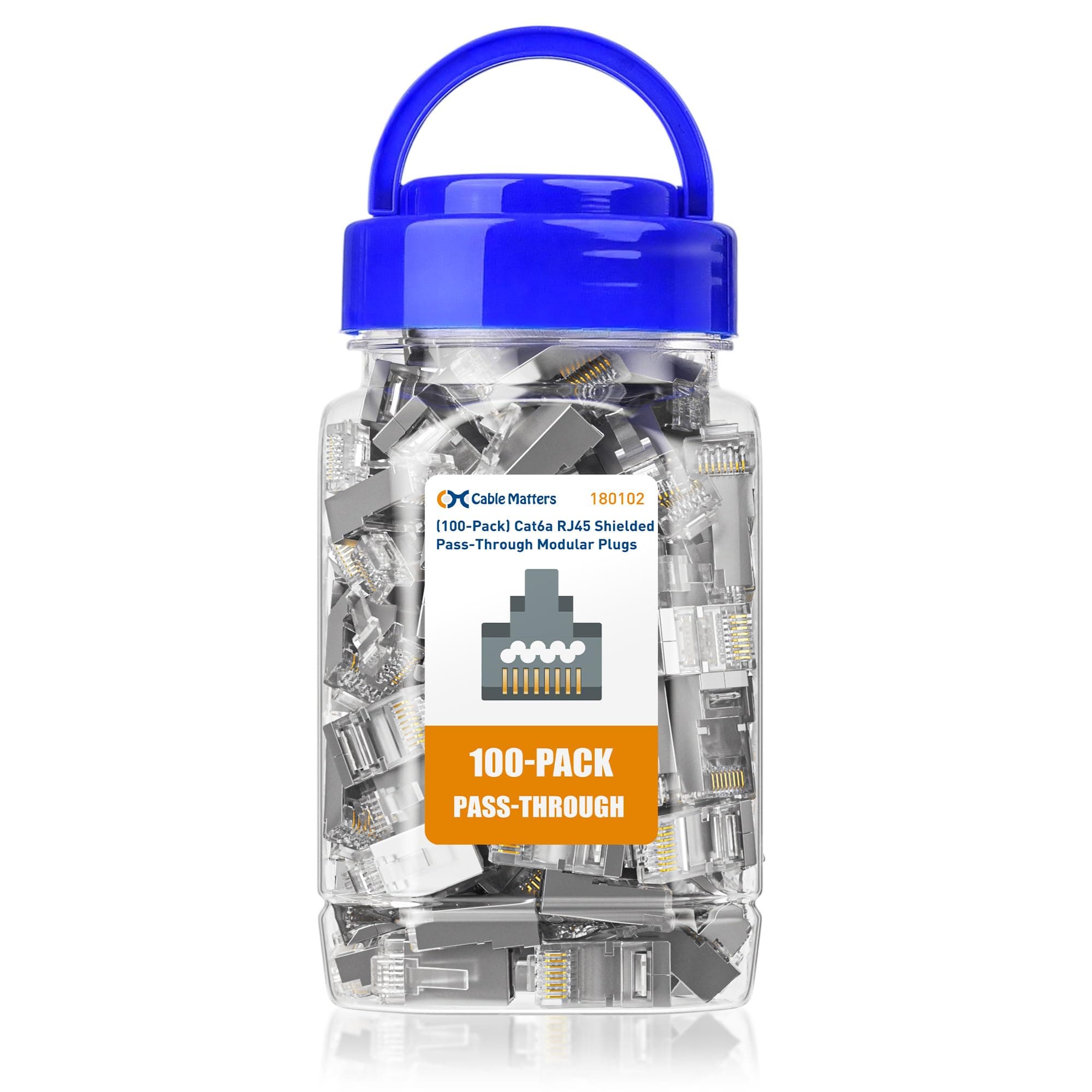 100-Pack Cat 6A Shielded RJ45 Connector Pass Through (Cat 6A Ends / Cat6A Connector / RJ45 Modular Plugs/Ethernet Plugs/Network Coupler) for Solid or Stranded S/FTP Ethernet Cable