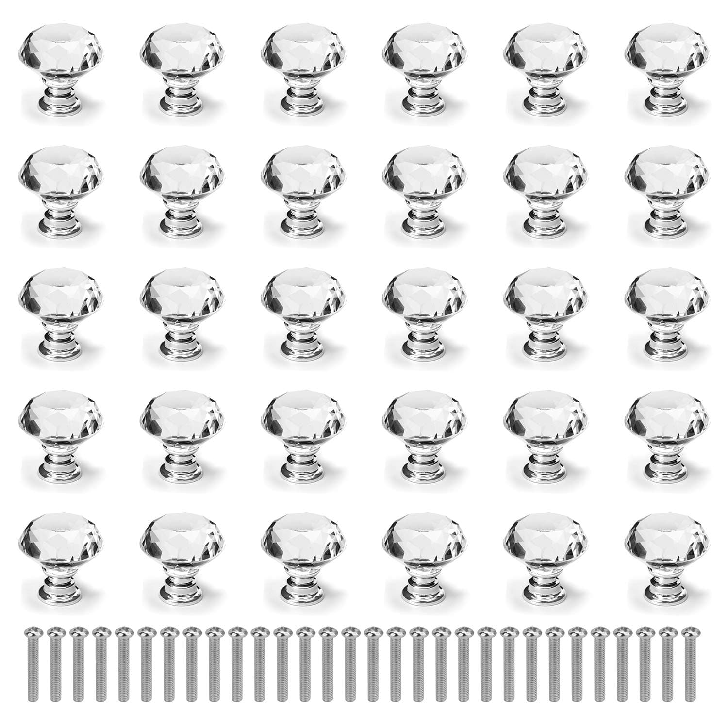 Nicunom 30 Pack Cabinet Knobs Crystal, 30 mm Glass Drawer Pulls Diamond Shape Dresser Knobs with Screws for Kitchen, Bathroom Cabinet, Dresser and Cupboard